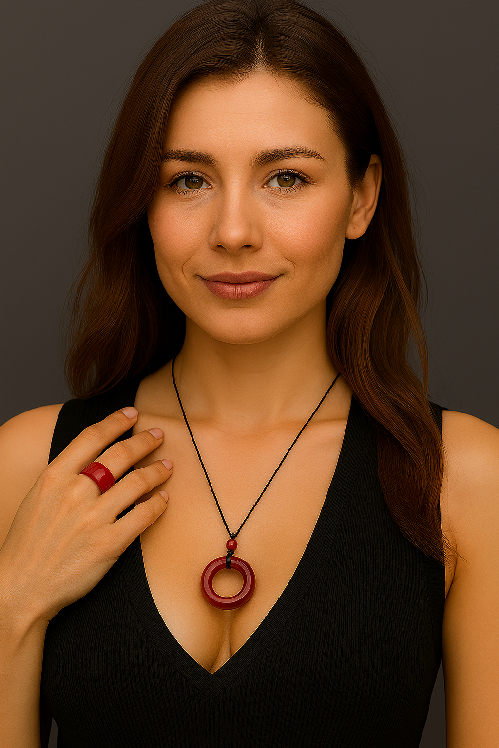 Woman wearing a black dress with a red pendant necklace against a dark background