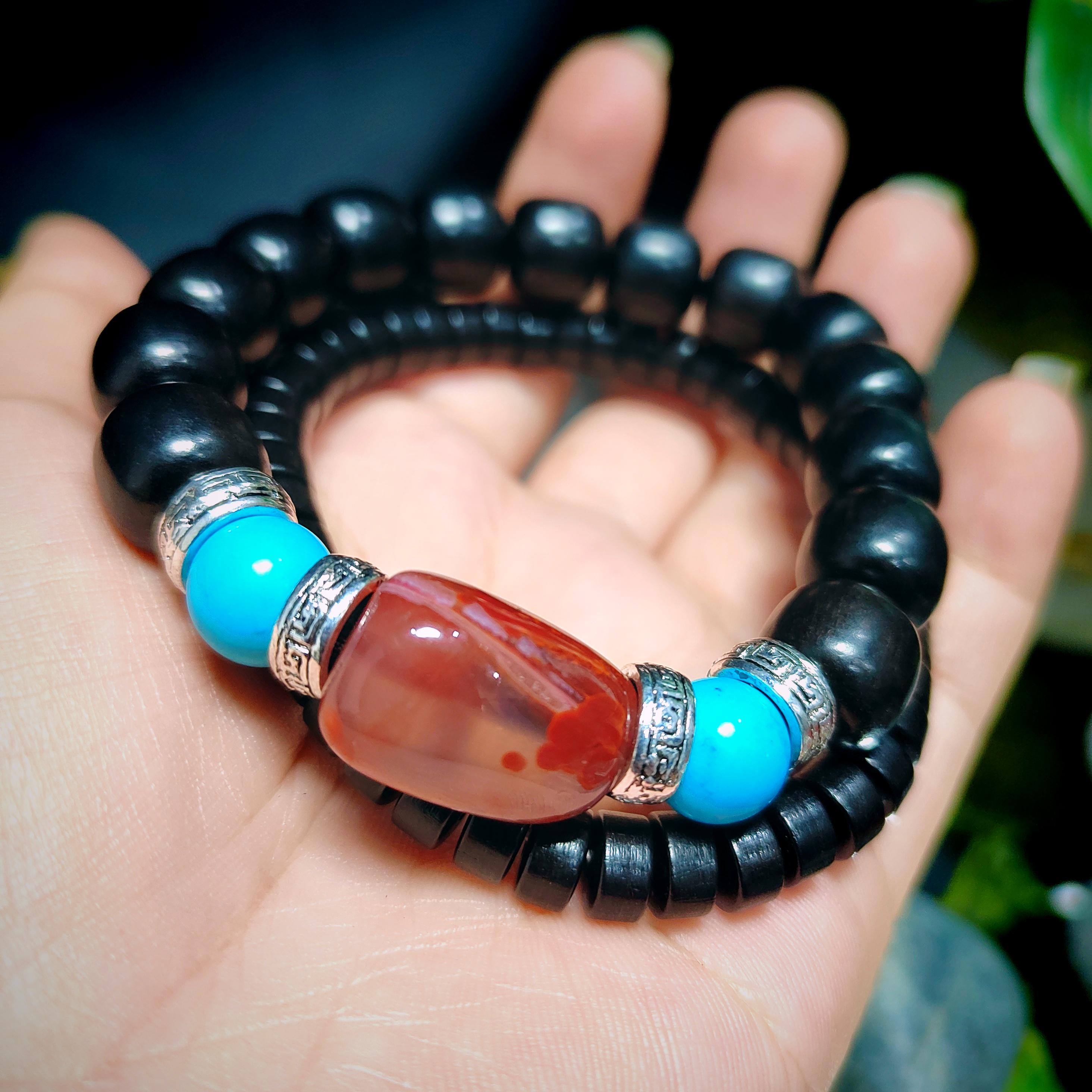 Handmade Ebony Wood Bead Bracelet Set |Unisex Jewelry with Silver and Natural Nanhong Tourmaline| Turquoise Accents SL388