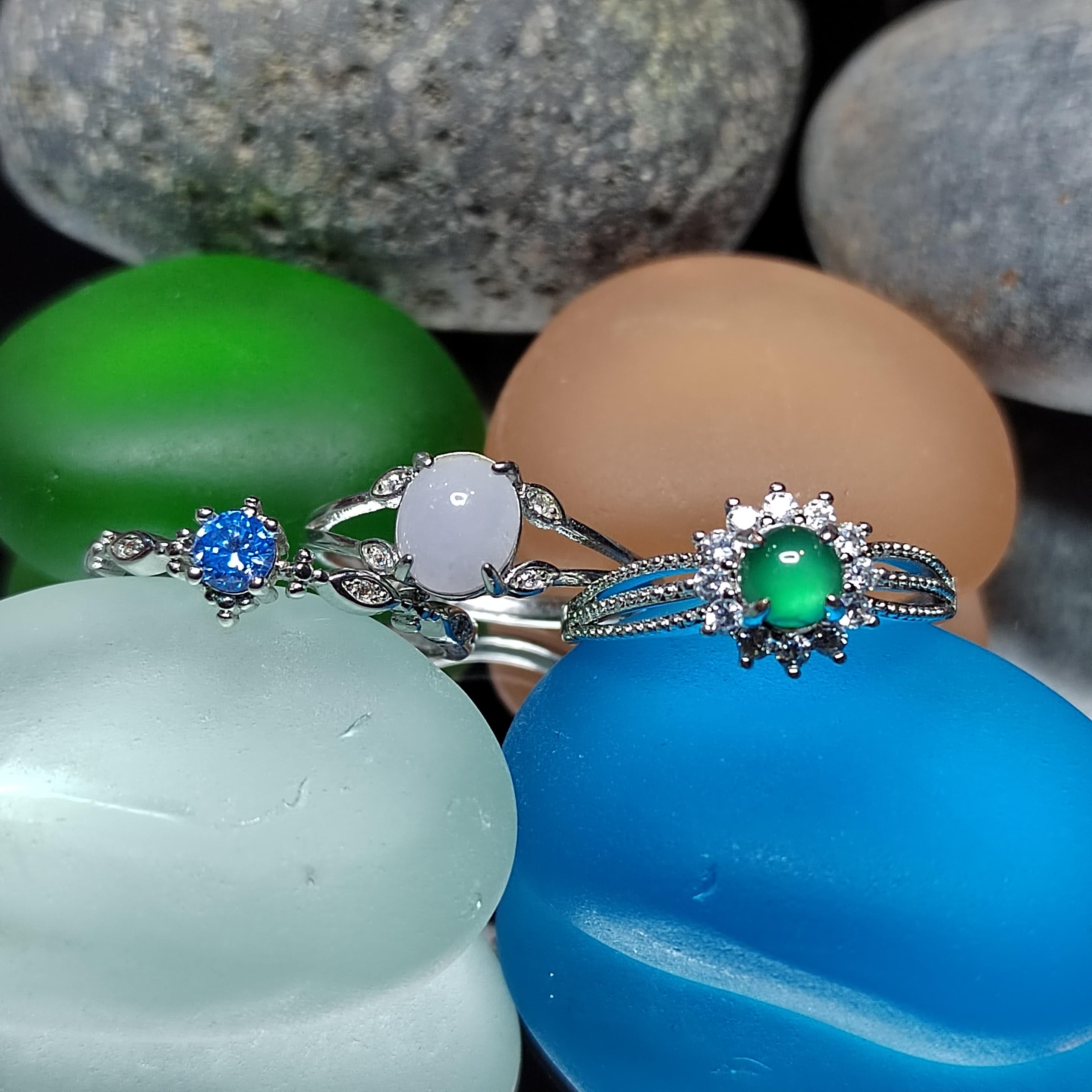 3pcs Set – Burmese White Jadeite, Guatemala Green Jadeite & Blue Topaz Rings | S925 Silver | Elegant Mixed Energy Trio | SL408