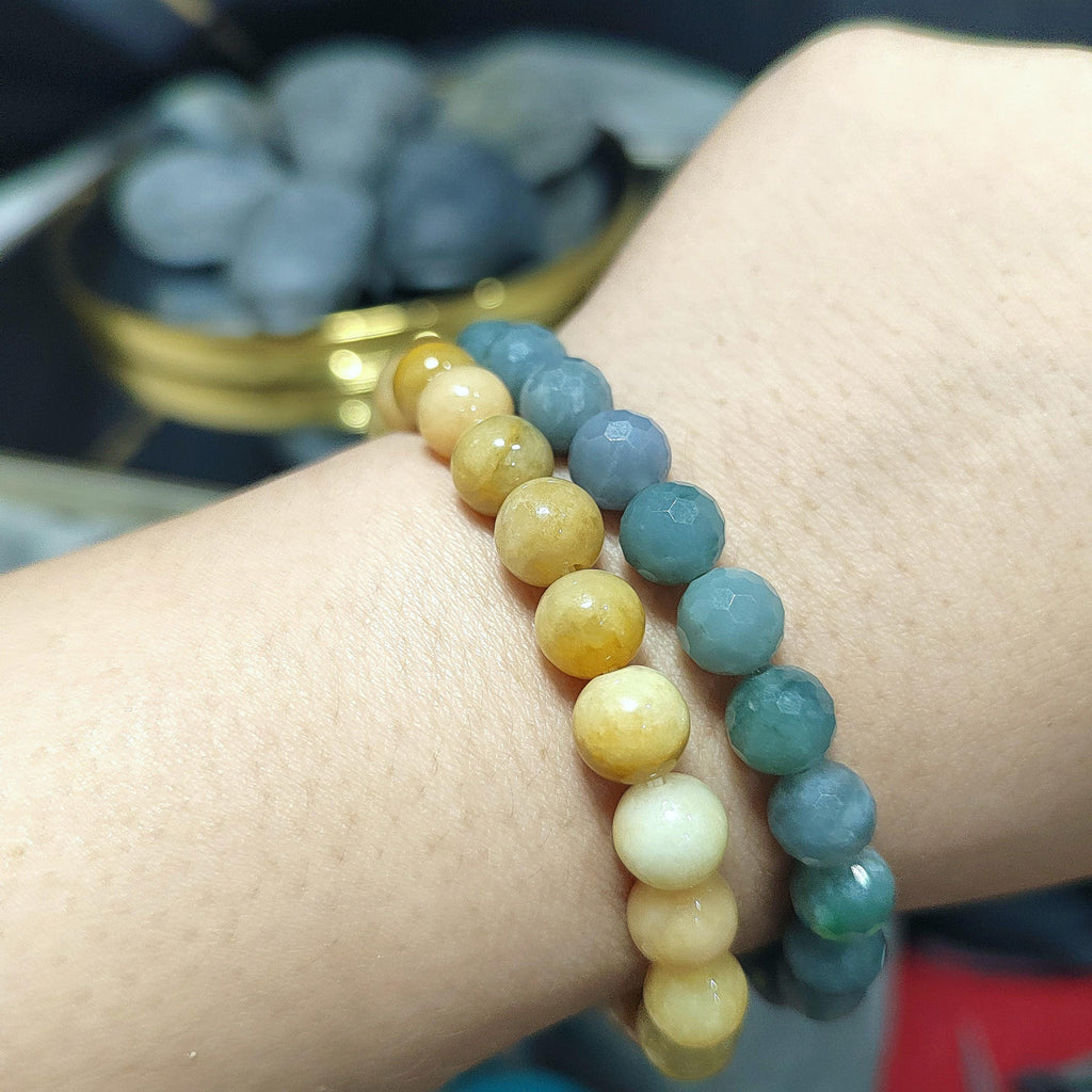 Certified Natural Untreated Burmese Yellow|Green|White Icy Bead Jadeite Bracelet 8mm SL364