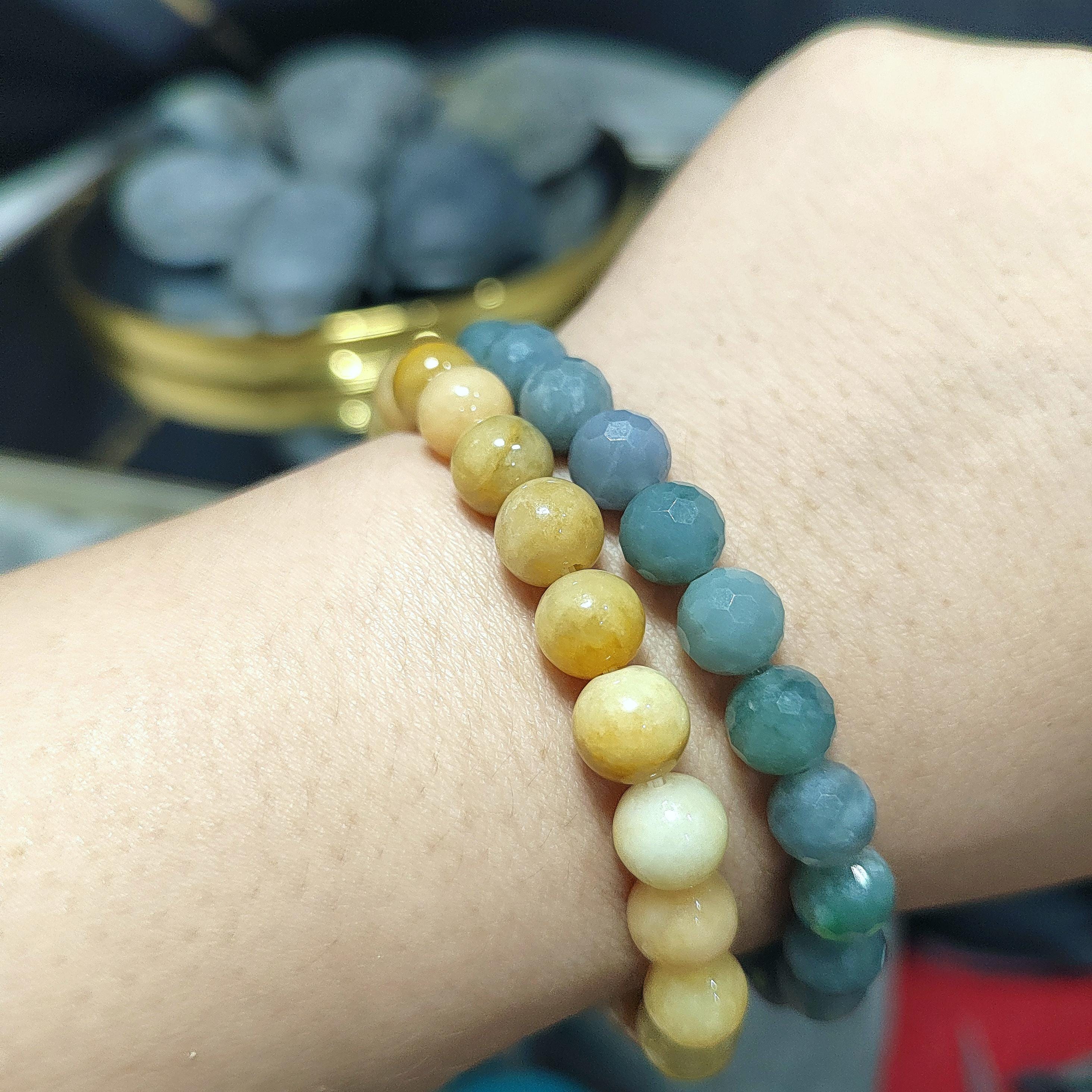 Certified Natural Untreated Burmese Yellow|Green|White Icy Bead Jadeite Bracelet 8mm SL364