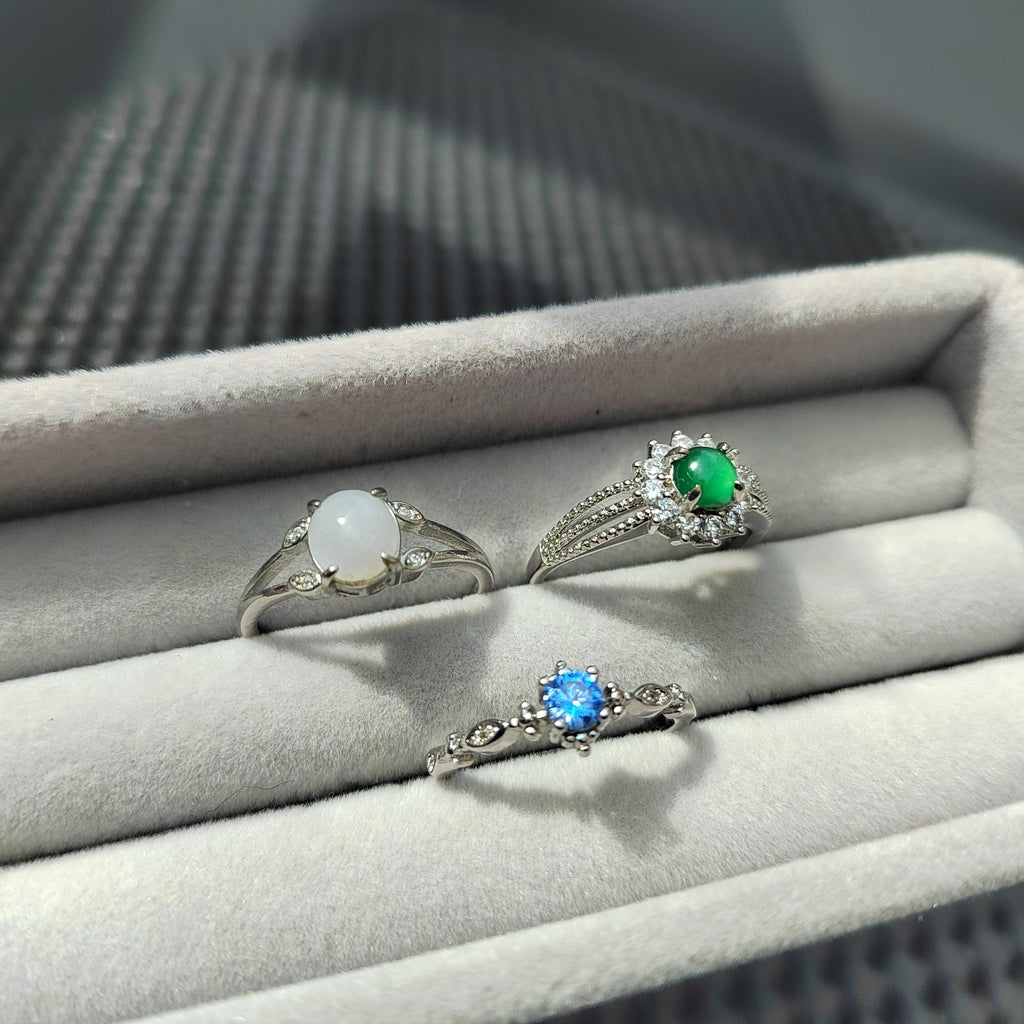 3pcs Set – Burmese White Jadeite, Guatemala Green Jadeite & Blue Topaz Rings | S925 Silver | Elegant Mixed Energy Trio | SL408