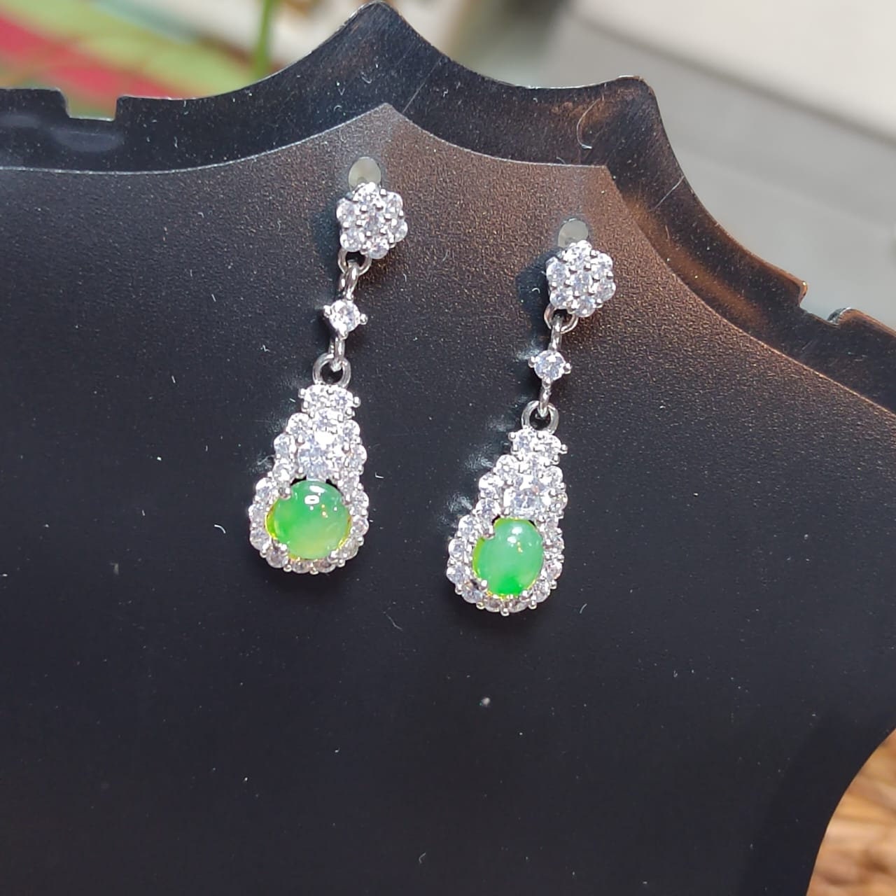 Dazzling Icy Apple Green Jadeite Earrings with Zirconia - S925 Silver and 18K White Gold Plated Jewelry SL045