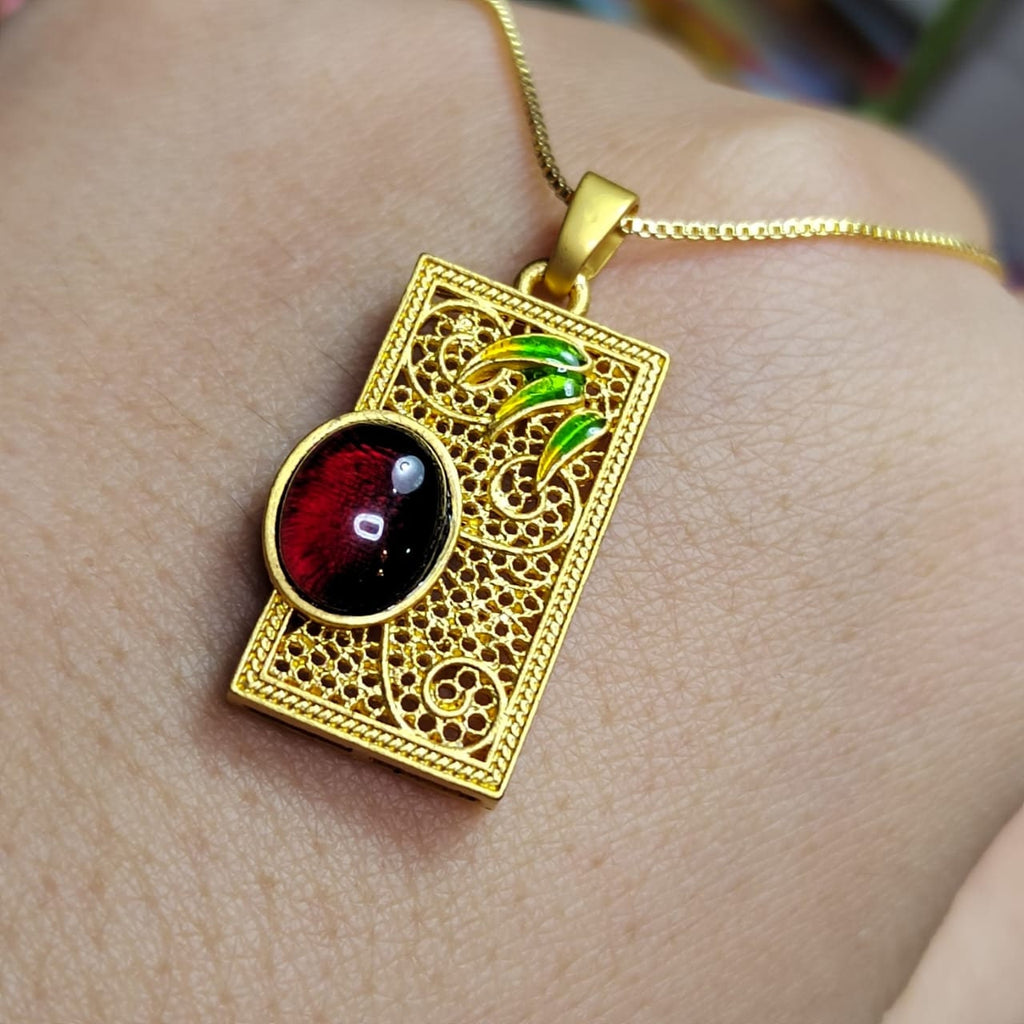 Certified Red Blood Natural Burmese Amber Bamboo Filigree Pendant with 18K Gold Plated Necklace