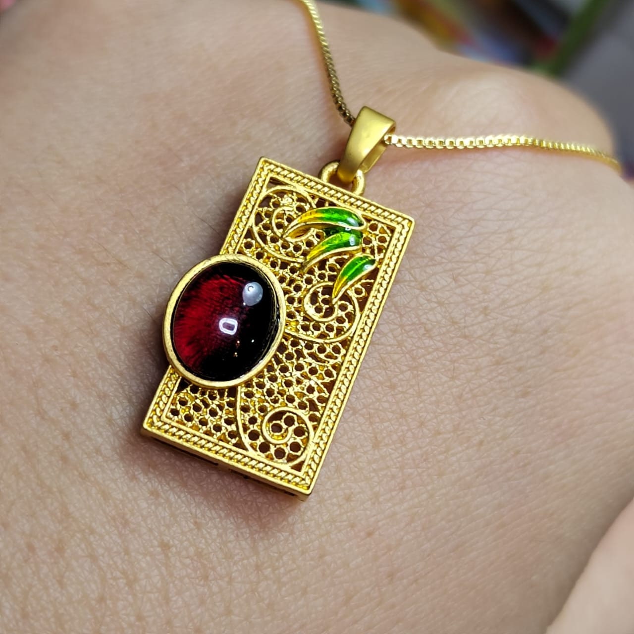 Certified Red Blood Natural Burmese Amber Bamboo Filigree Pendant with 18K Gold Plated Necklace