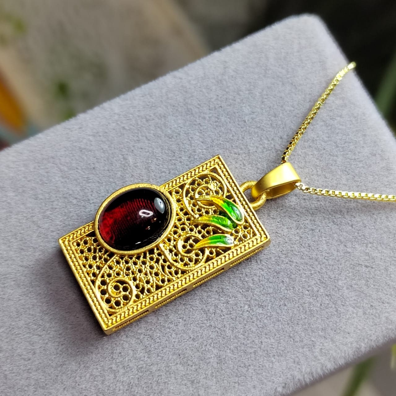 Luxury Red Blood Burmese Amber Jewelry - Bamboo Filigree Pendant with Gold Plated Silver Chain