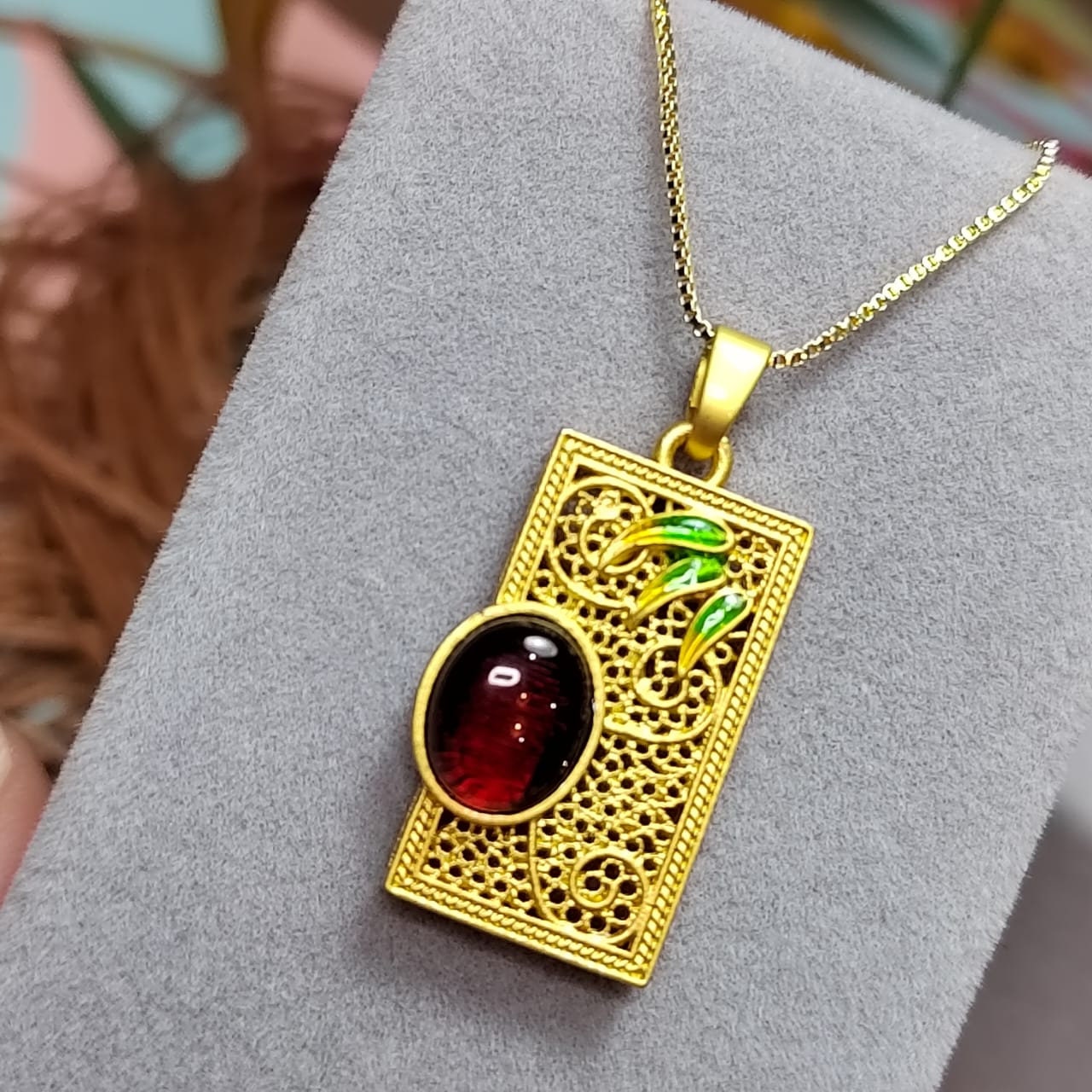 Amber Pain Relief Pendant - Red Blood Amber with Gold Plated Bamboo Filigree Necklace