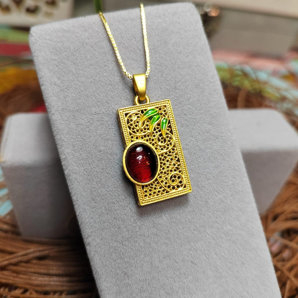 Unique Burmese Amber Pendant - Red Blood Amber in 18K Gold Plated Bamboo Filigree Design