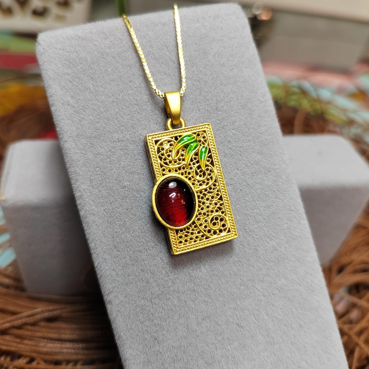 Unique Burmese Amber Pendant - Red Blood Amber in 18K Gold Plated Bamboo Filigree Design