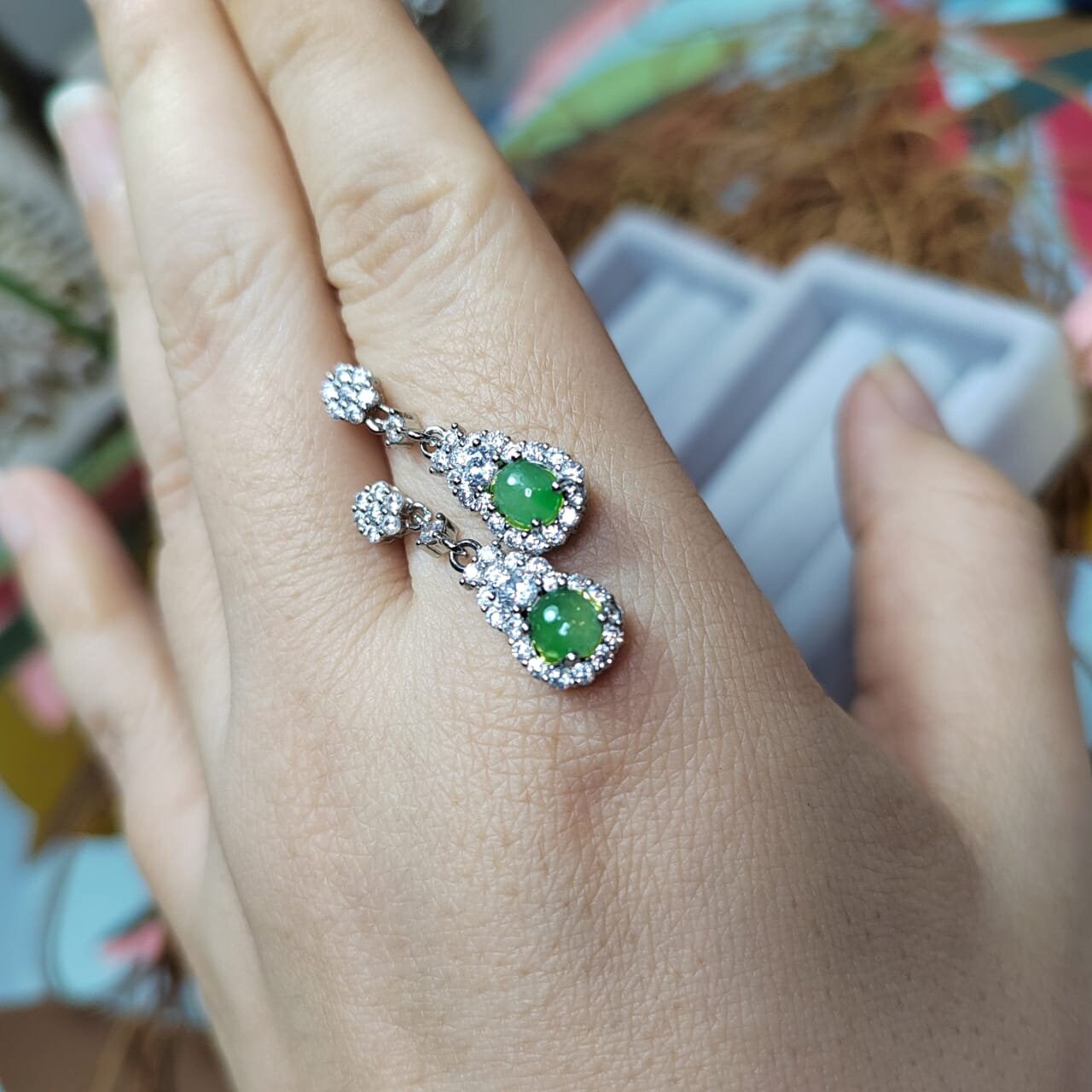 Genuine Jadeite Earrings with Zirconia Accents