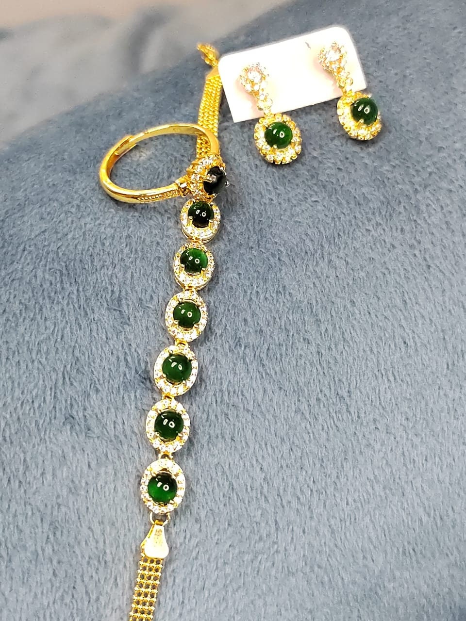 18K Gold Plated Jadeite Ring, Earrings, Bracelet