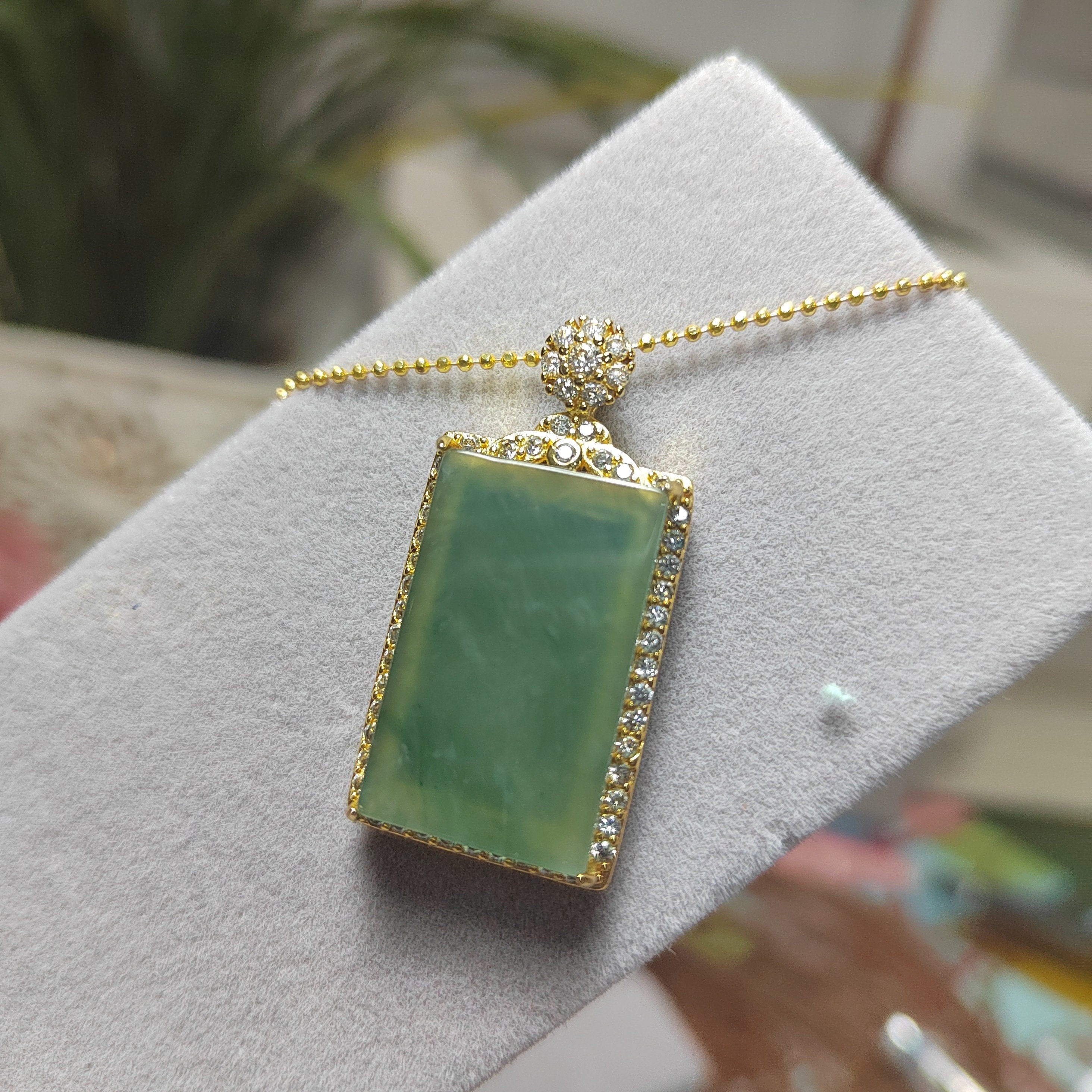 Luxury Sugar Cane Juice Green Jadeite Pendant | Rectangle Natural Jade Necklace with 18K White Gold Plated Silver Chain 37mm SL077