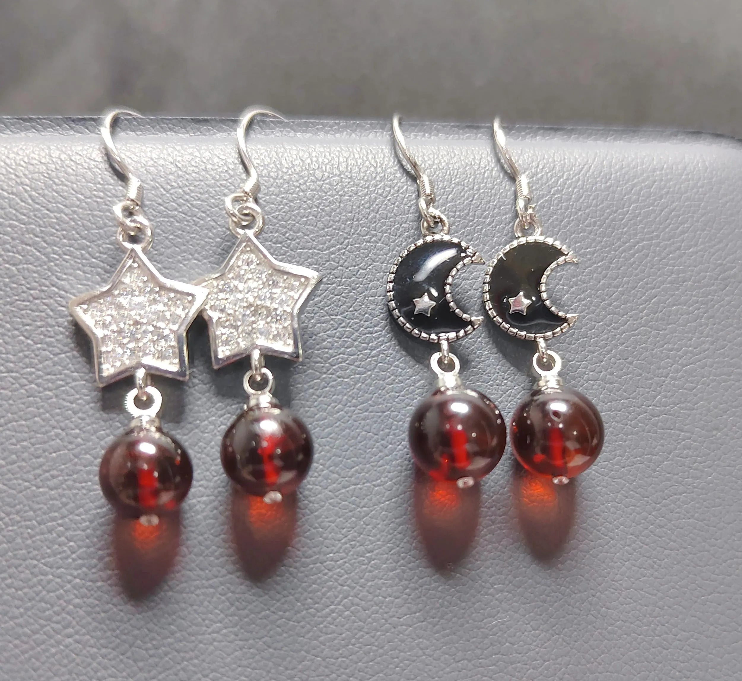 Certified Red Blood Natural Burmese Amber Earrings (2 Pairs) | Star & Moon Design | 925 Sterling Silver | Handcrafted Beauty SL113 SL Precious