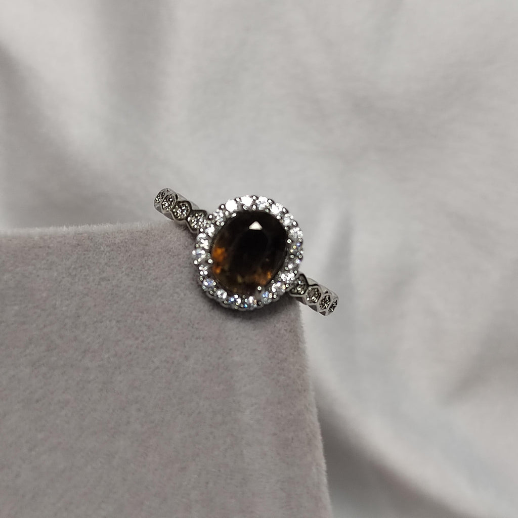 Elegant Burmese Mogok Sapphire Ring Natural Fancy Dark Orange-Brown Oval Cut Sapphire in 925 Sterling Silver with Halo Zircon Accents SL116