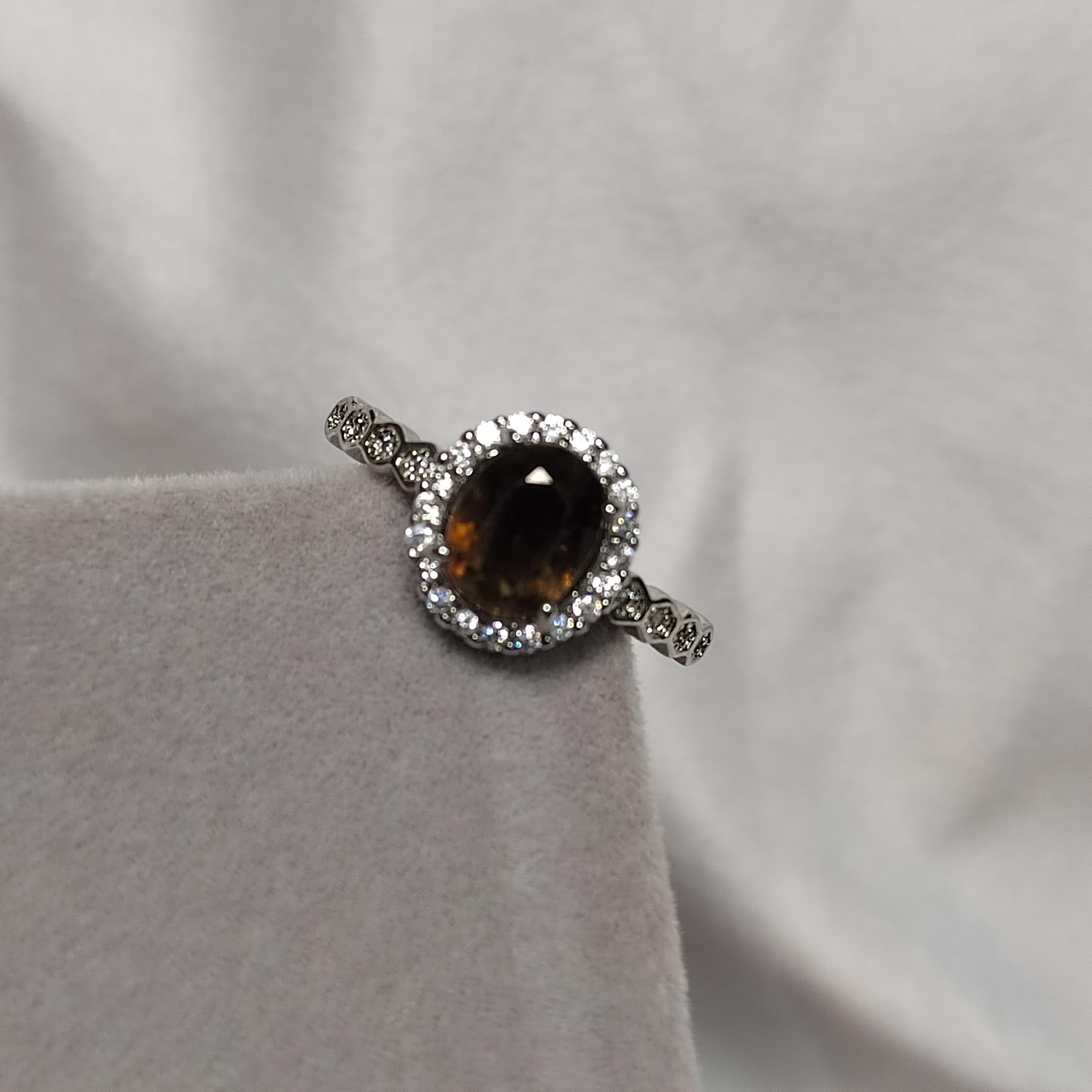 Elegant Burmese Mogok Sapphire Ring Natural Fancy Dark Orange-Brown Oval Cut Sapphire in 925 Sterling Silver with Halo Zircon Accents SL116
