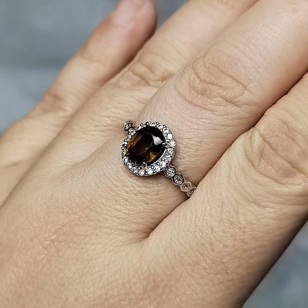 Elegant Burmese Mogok Sapphire Ring Natural Fancy Dark Orange-Brown Oval Cut Sapphire in 925 Sterling Silver with Halo Zircon Accents SL116