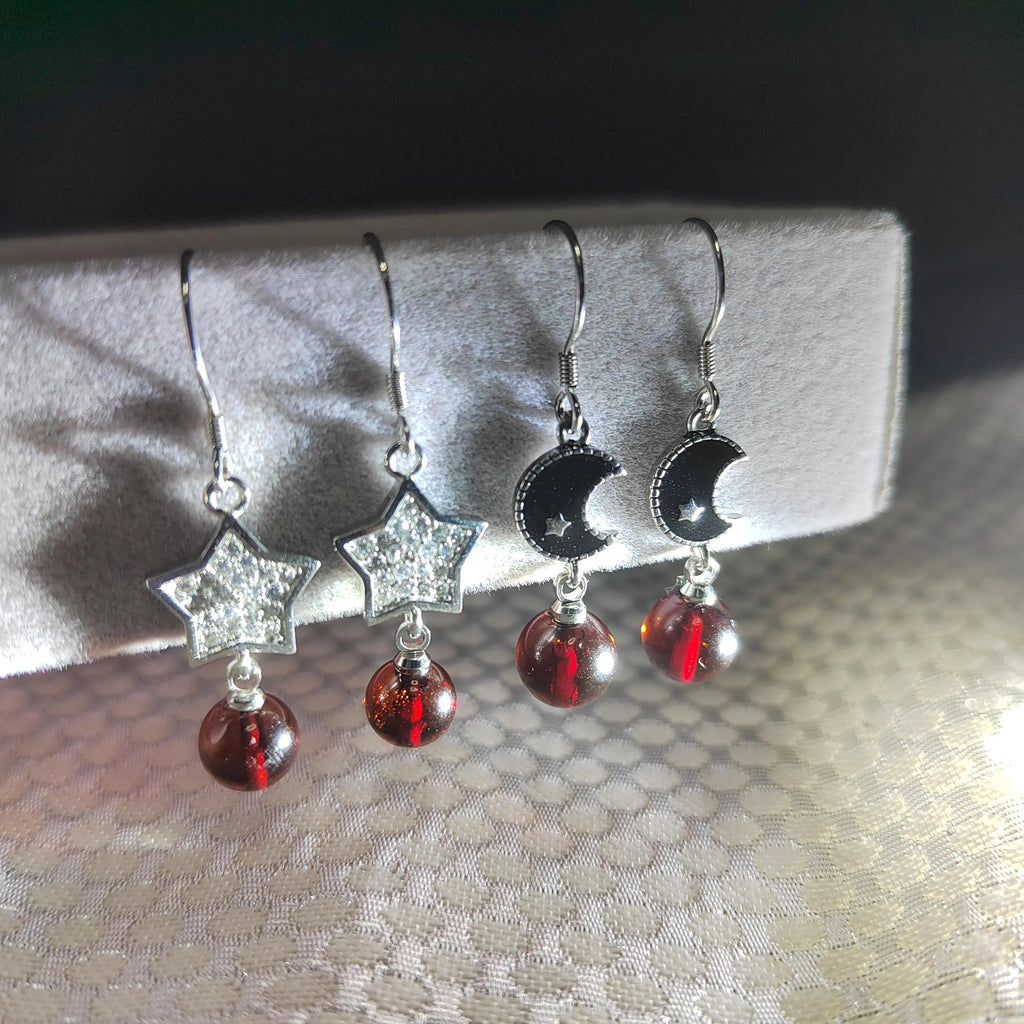 Certified Red Blood Natural Burmese Amber Earrings (2 Pairs) | Star & Moon Design | 925 Sterling Silver | Handcrafted Beauty SL113 SL Precious
