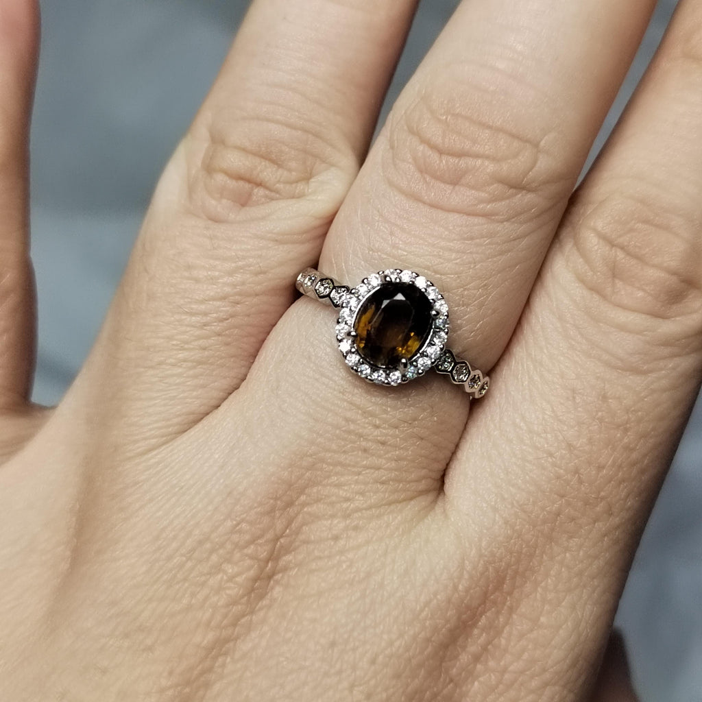 Elegant Burmese Mogok Sapphire Ring Natural Fancy Dark Orange-Brown Oval Cut Sapphire in 925 Sterling Silver with Halo Zircon Accents SL116
