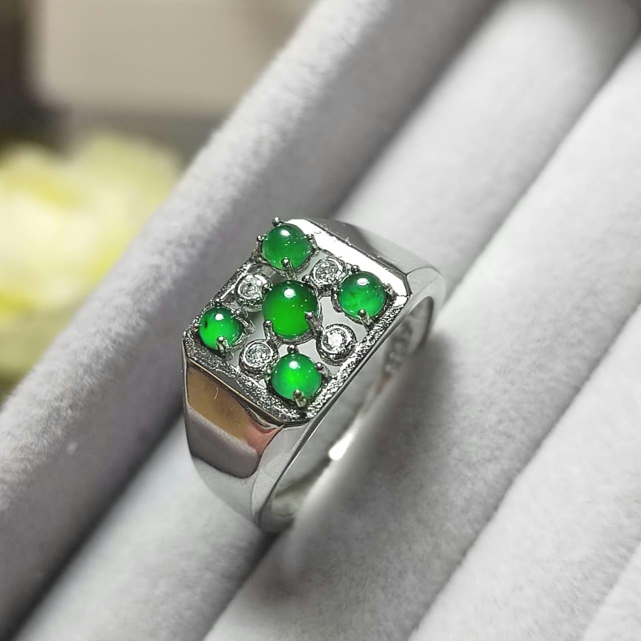 Burmese A-Grade Gemstone Imperial Green 5 Jadeite with Zircon Accents Man Ring S925 Plated with 18K White Gold For Him SL087