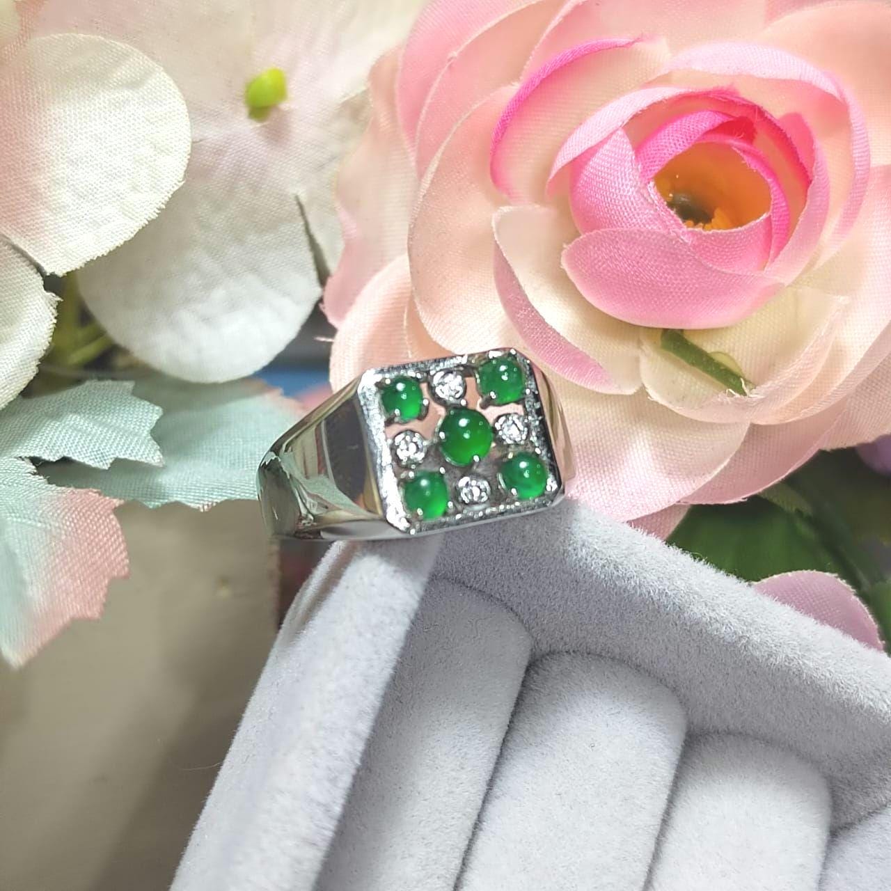 Burmese A-Grade Gemstone Imperial Green 5 Jadeite with Zircon Accents Man Ring S925 Plated with 18K White Gold For Him SL087
