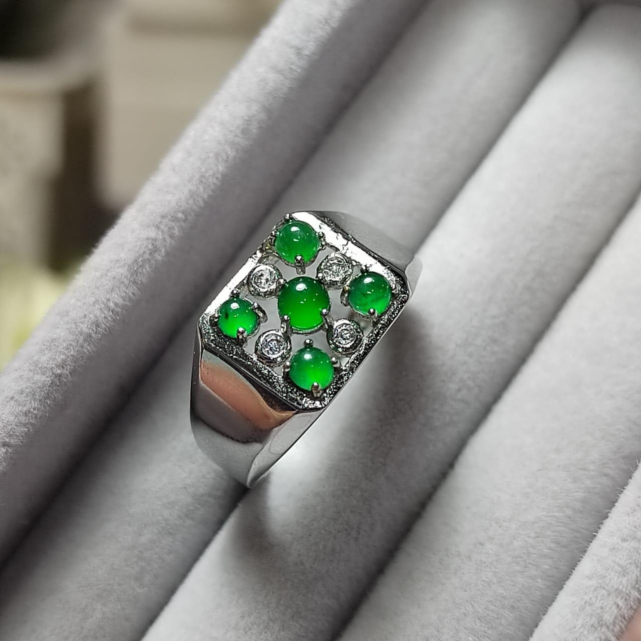 Burmese A-Grade Gemstone Imperial Green 5 Jadeite with Zircon Accents Man Ring S925 Plated with 18K White Gold For Him SL087