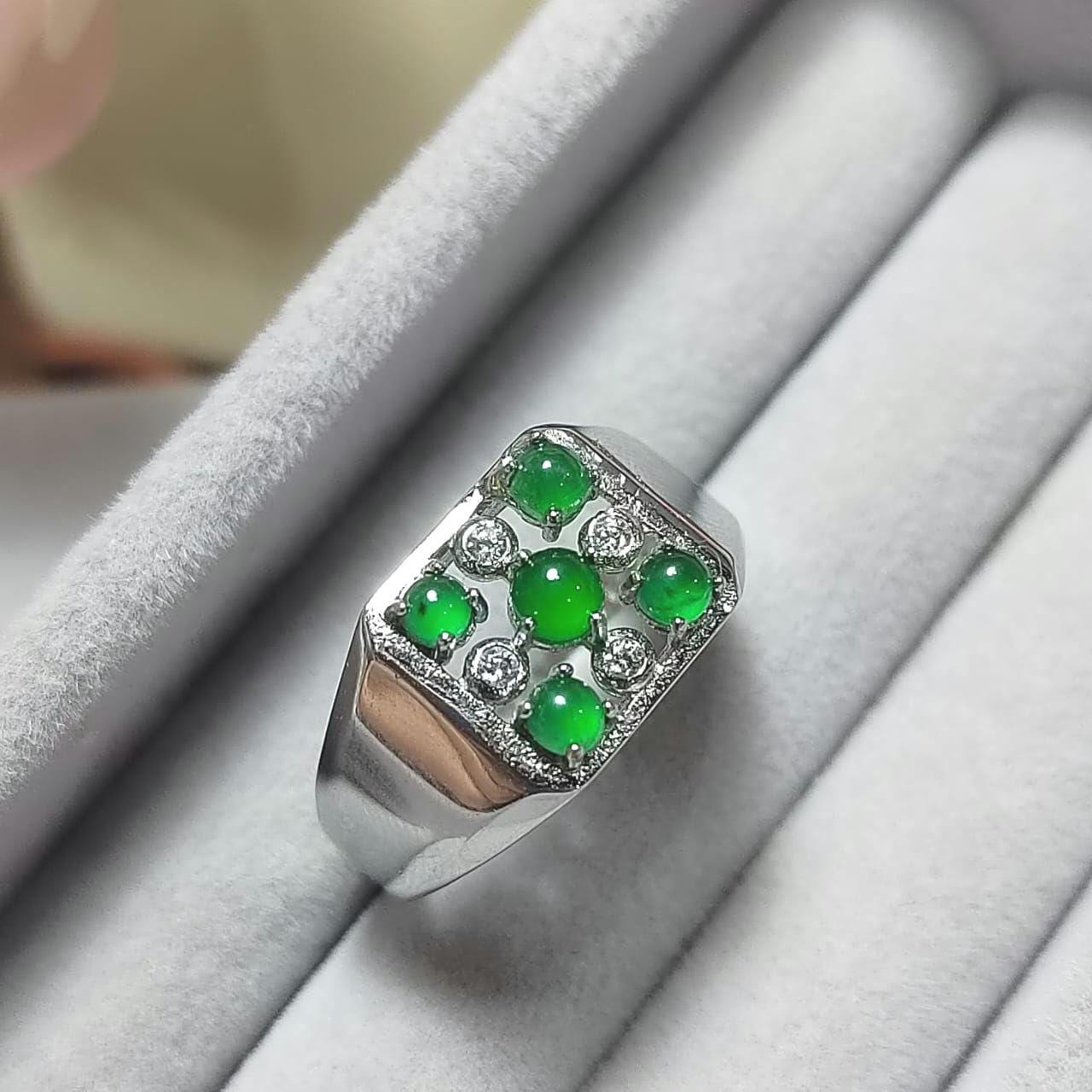 Burmese A-Grade Gemstone Imperial Green 5 Jadeite with Zircon Accents Man Ring S925 Plated with 18K White Gold For Him SL087