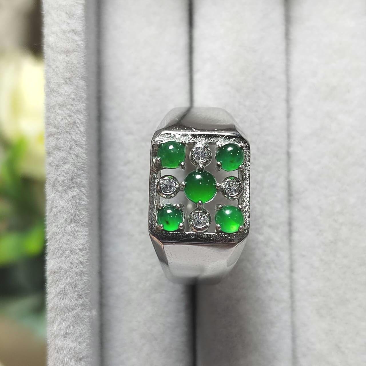 Burmese A-Grade Gemstone Imperial Green 5 Jadeite with Zircon Accents Man Ring S925 Plated with 18K White Gold For Him SL087