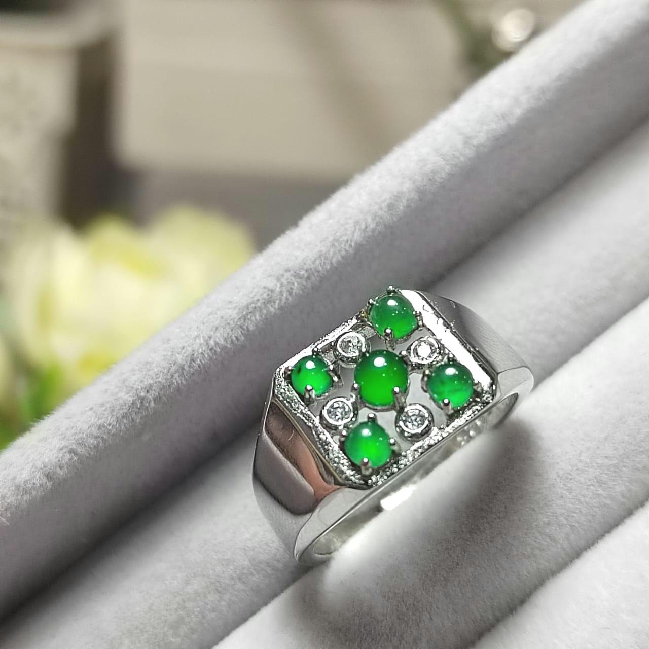 Burmese A-Grade Gemstone Imperial Green 5 Jadeite with Zircon Accents Man Ring S925 Plated with 18K White Gold For Him SL087