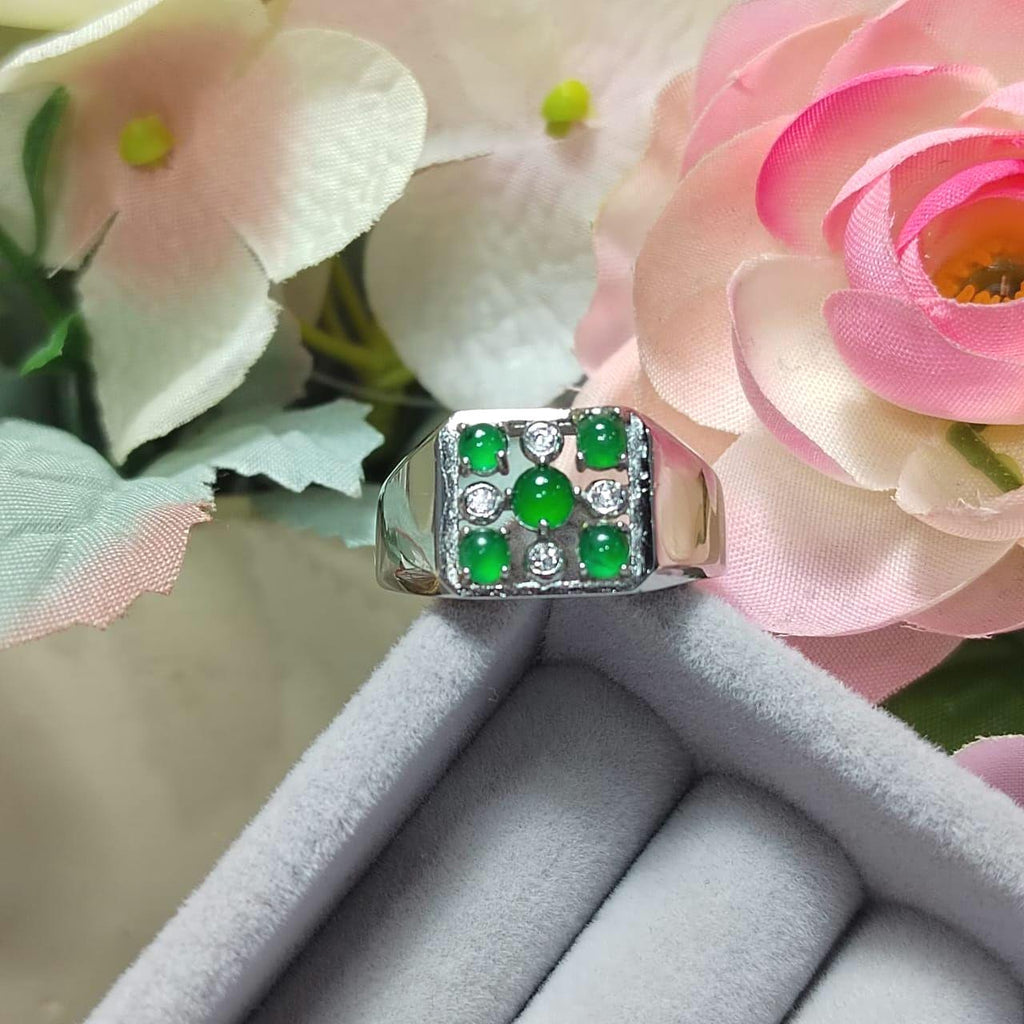 Burmese A-Grade Gemstone Imperial Green 5 Jadeite with Zircon Accents Man Ring S925 Plated with 18K White Gold For Him SL087