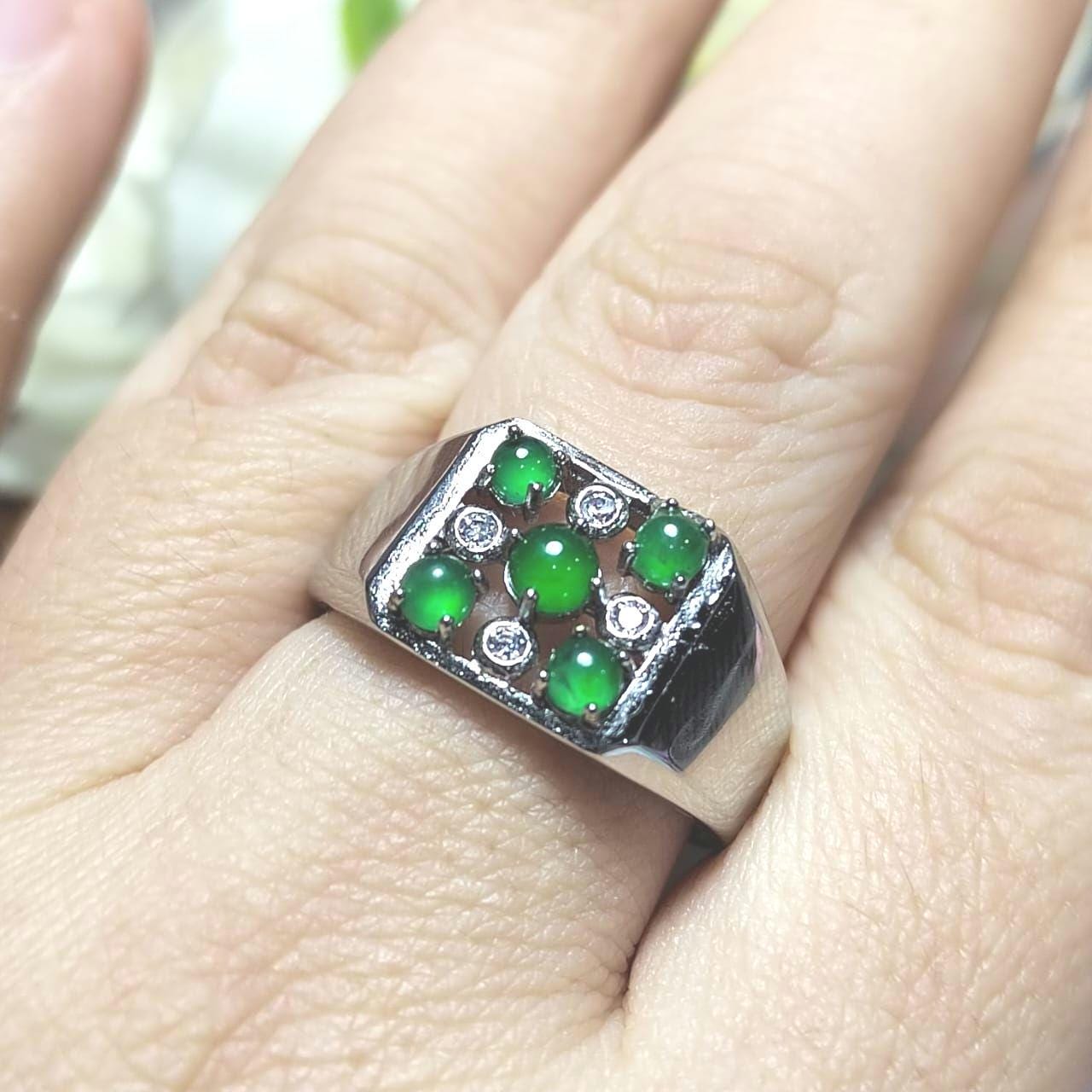 Burmese A-Grade Gemstone Imperial Green 5 Jadeite with Zircon Accents Man Ring S925 Plated with 18K White Gold For Him SL087