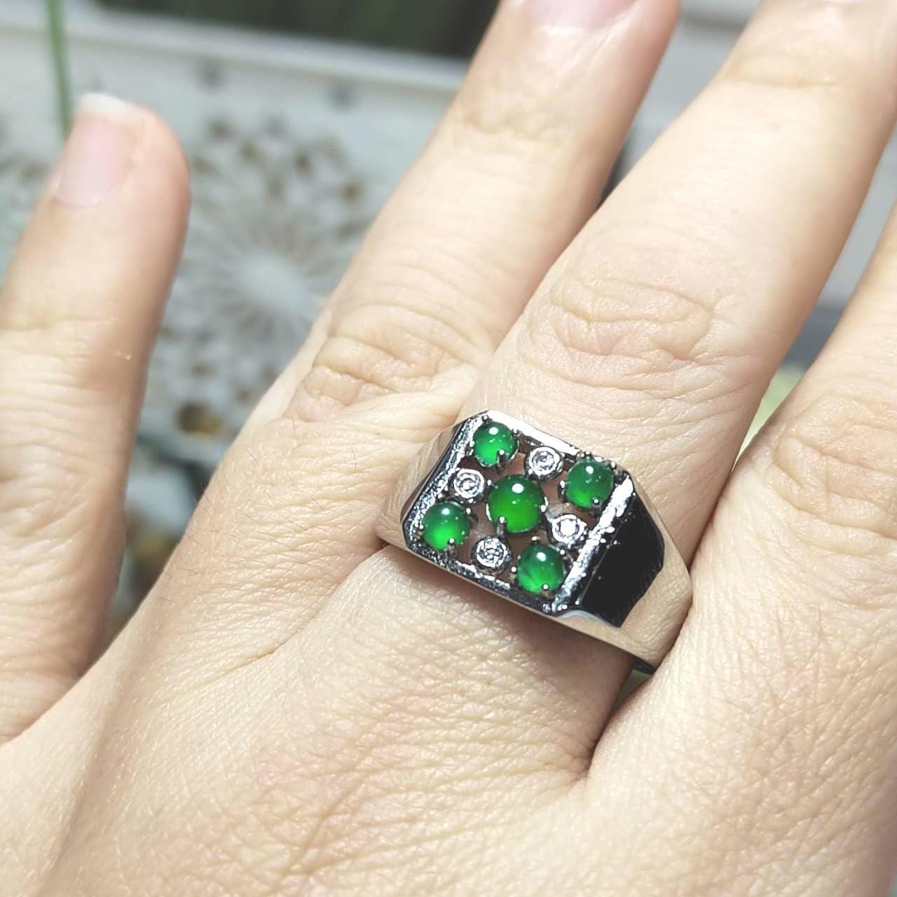 Burmese A-Grade Gemstone Imperial Green 5 Jadeite with Zircon Accents Man Ring S925 Plated with 18K White Gold For Him SL087
