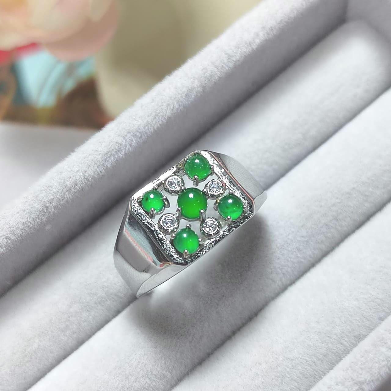 Burmese A-Grade Gemstone Imperial Green 5 Jadeite with Zircon Accents Man Ring S925 Plated with 18K White Gold For Him SL087