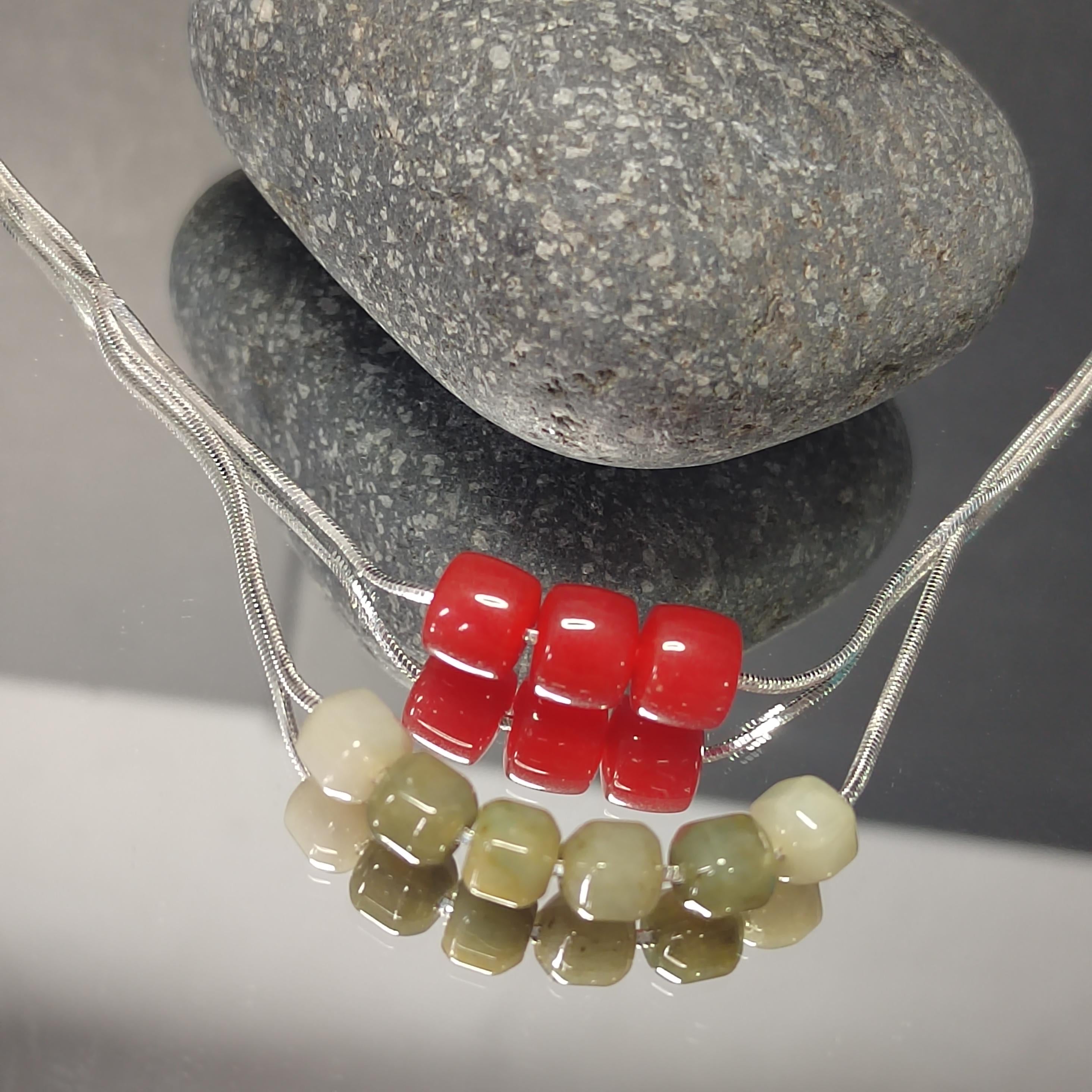 2pcs Double Layer Choker/Necklace with China Nanhong Agate & Burmese Jadeite Bead | Handmade Chain Jewelry | Best Gift SL333