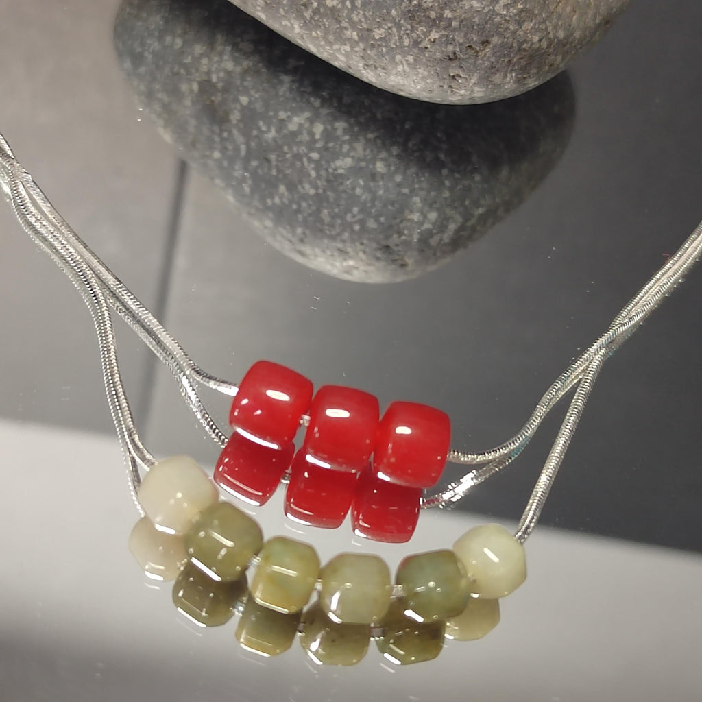2pcs Double Layer Choker/Necklace with China Nanhong Agate & Burmese Jadeite Bead | Handmade Chain Jewelry | Best Gift SL333