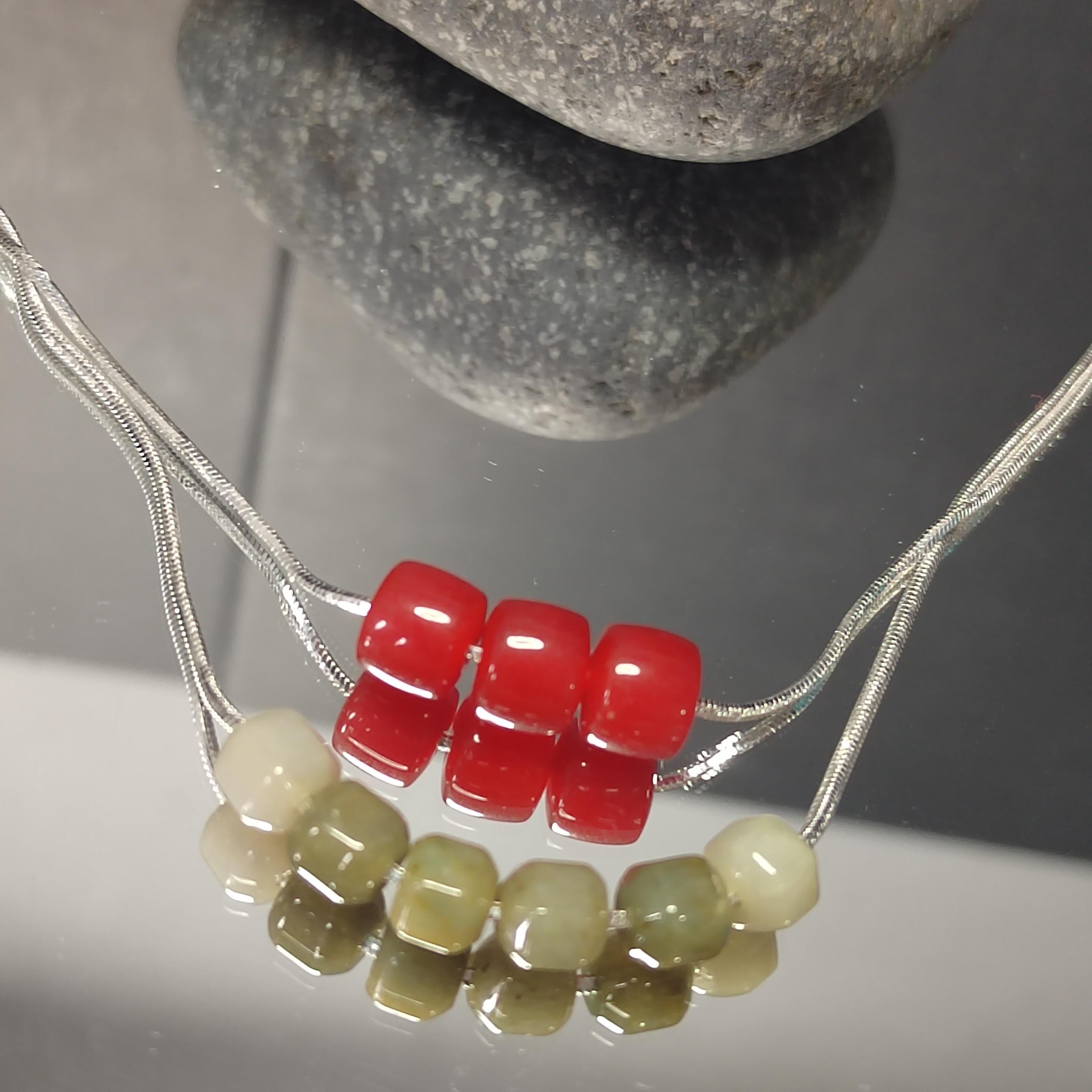 2pcs Double Layer Choker/Necklace with China Nanhong Agate & Burmese Jadeite Bead | Handmade Chain Jewelry | Best Gift SL333