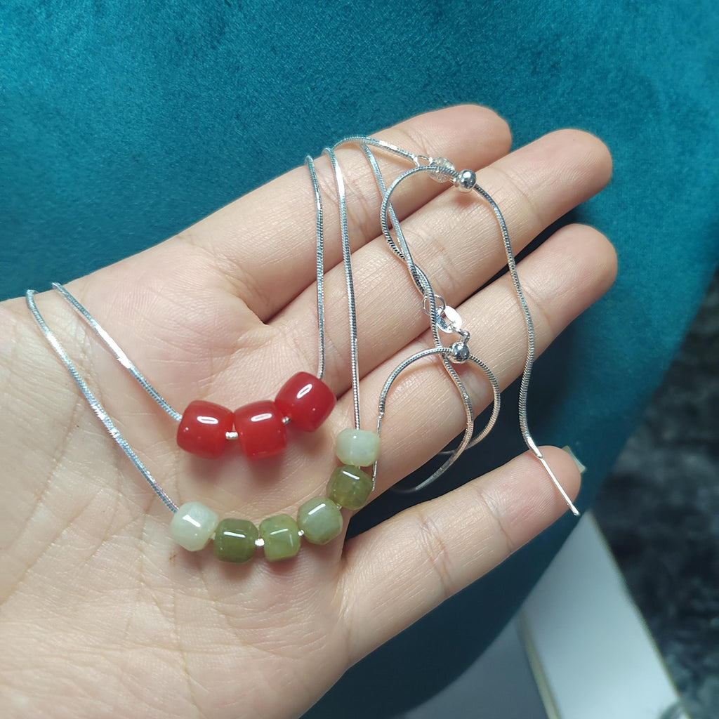2pcs Double Layer Choker/Necklace with China Nanhong Agate & Burmese Jadeite Bead | Handmade Chain Jewelry | Best Gift SL333