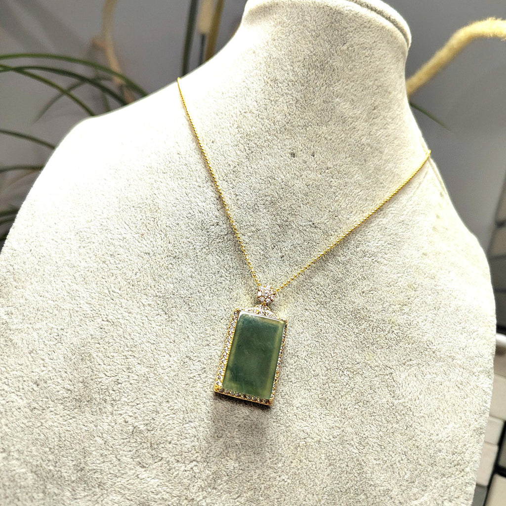 Luxury Sugar Cane Juice Green Jadeite Pendant | Rectangle Natural Jade Necklace with 18K White Gold Plated Silver Chain 37mm SL077