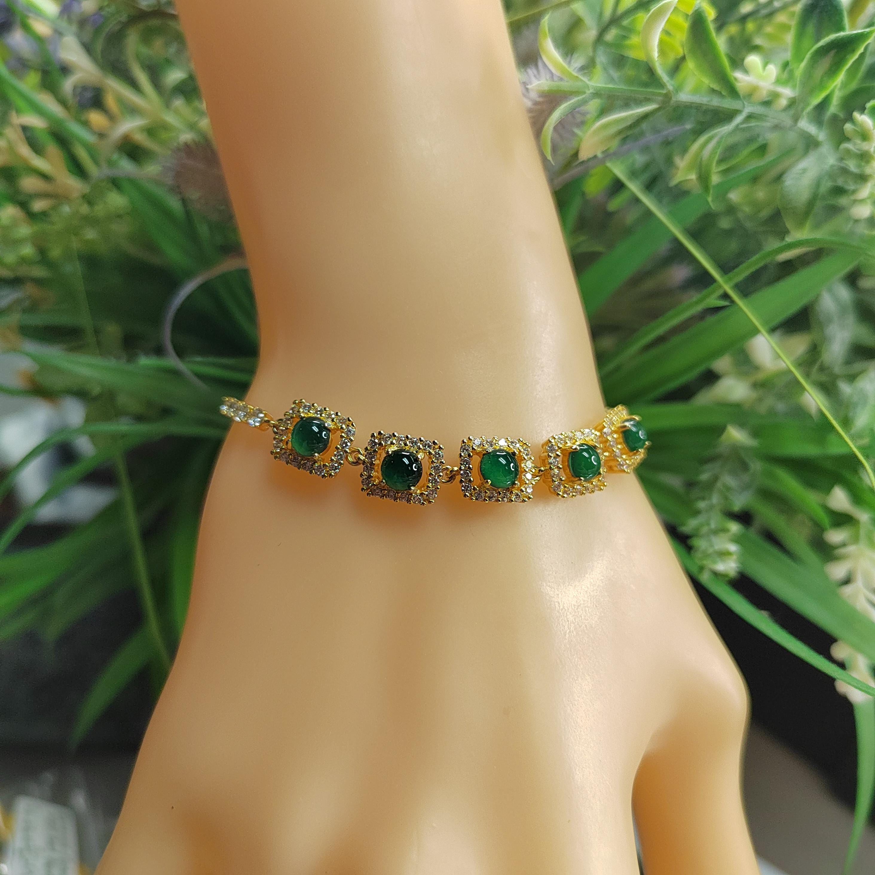 A-Grade Imperial Green Guatemala Jadeite Bracelet, S925 Silver with Sparkling Zirconia Accents SL046