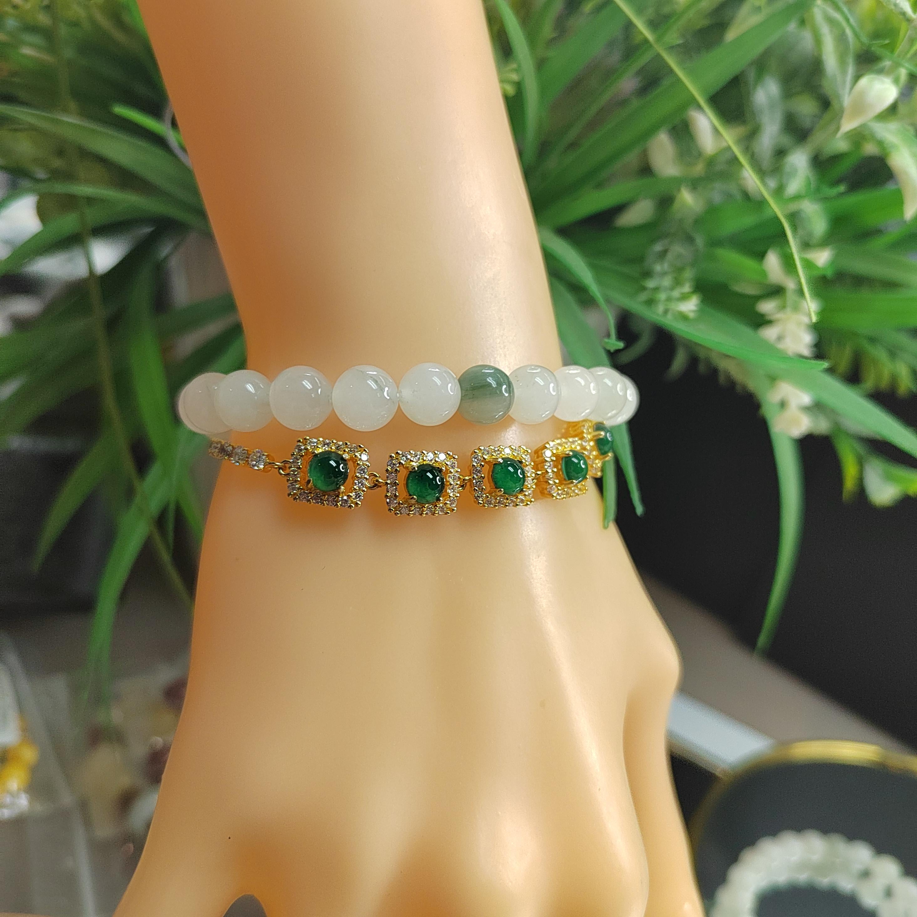 A-Grade Imperial Green Guatemala Jadeite Bracelet, S925 Silver with Sparkling Zirconia Accents SL046