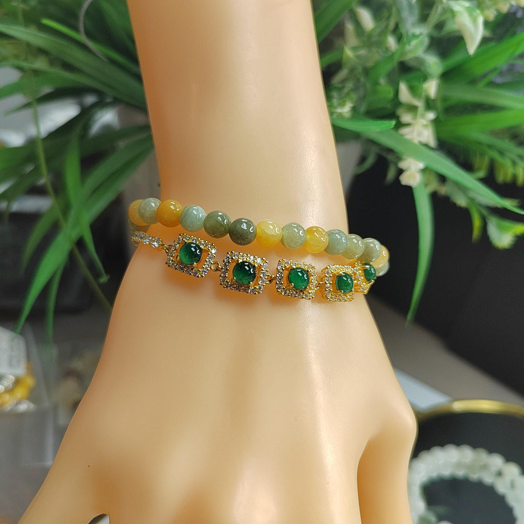 A-Grade Imperial Green Guatemala Jadeite Bracelet, S925 Silver with Sparkling Zirconia Accents SL046