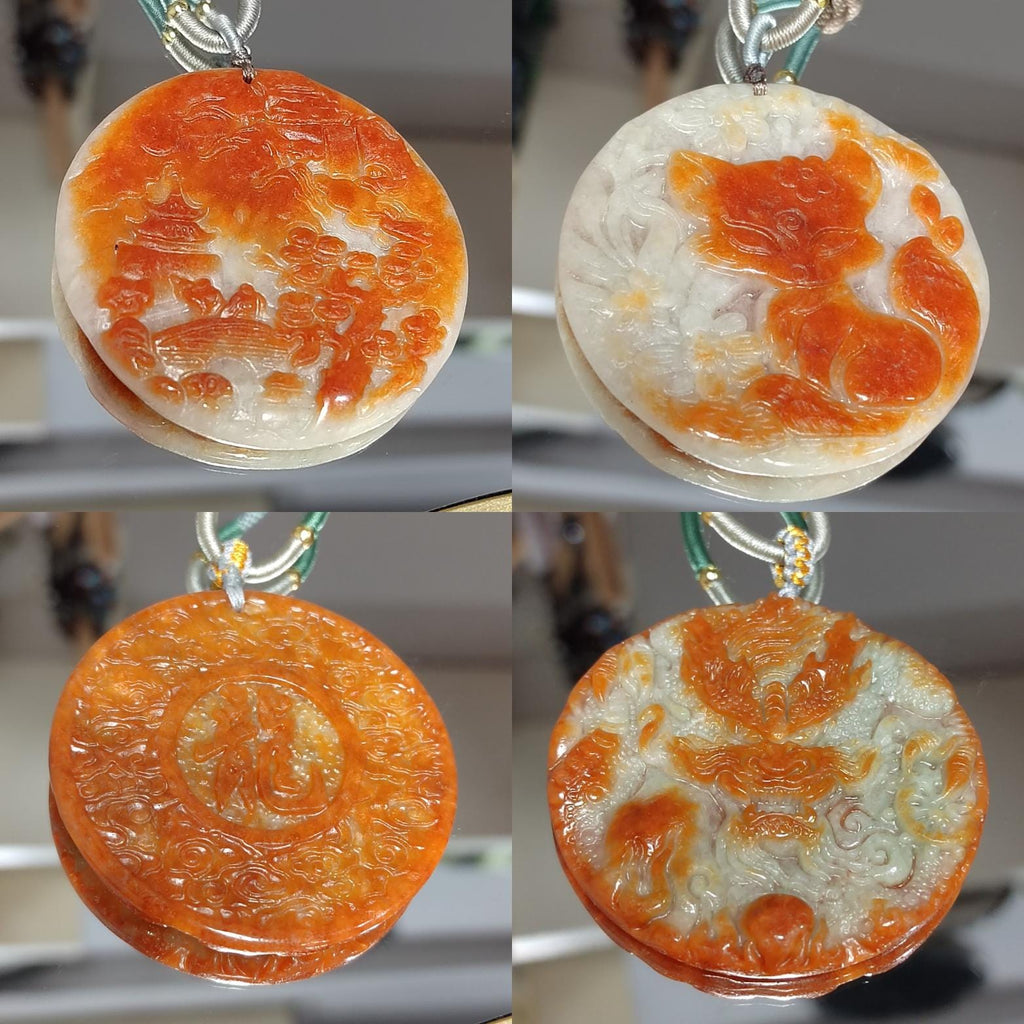 Certified A-Grade Burmese Rare Red Jadeite Carved Fox-Dragon-Landscape Round Pendant Necklace SL351