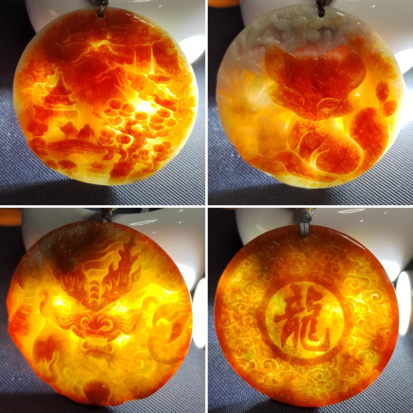 Certified A-Grade Burmese Rare Red Jadeite Carved Fox-Dragon-Landscape Round Pendant Necklace SL351
