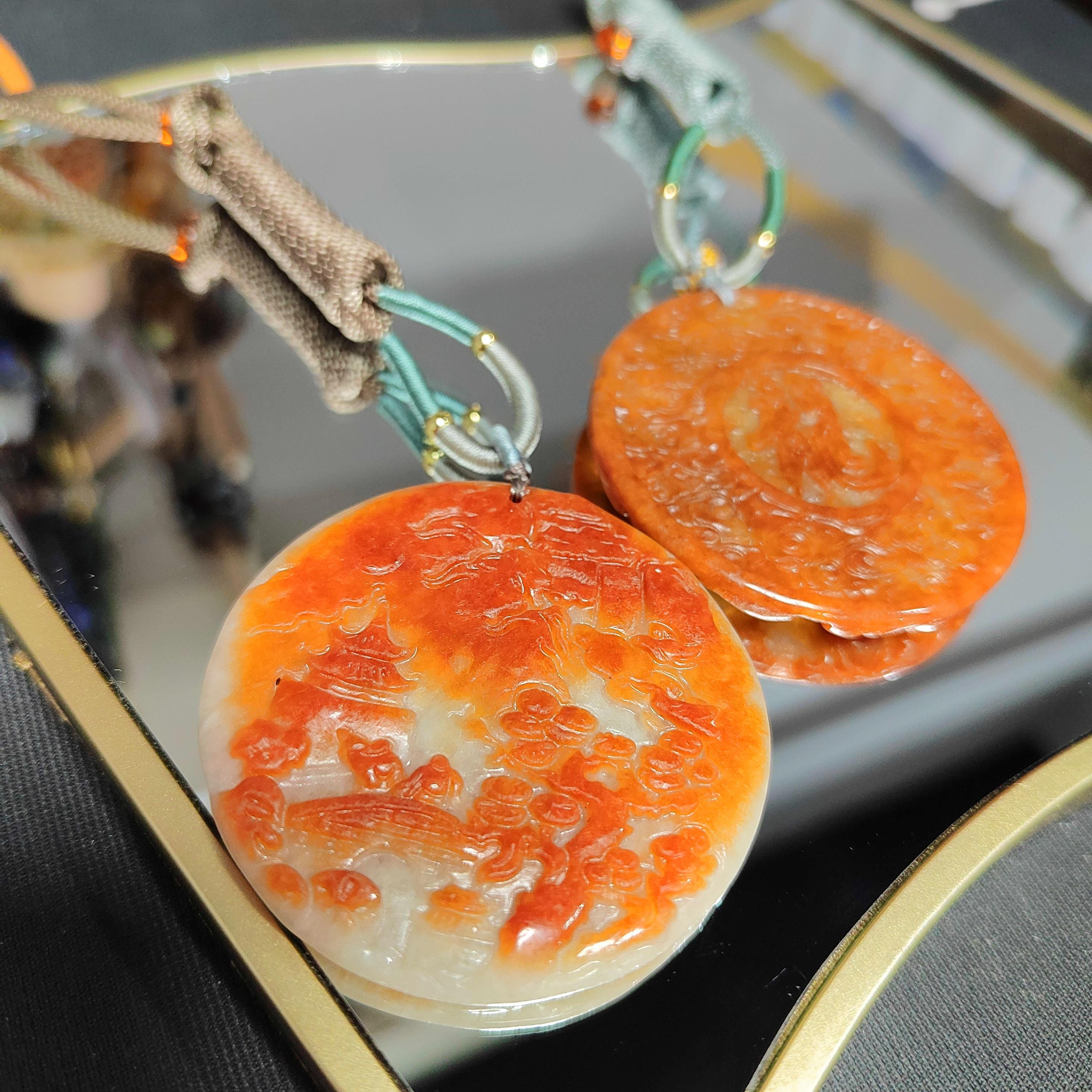 Certified A-Grade Burmese Rare Red Jadeite Carved Fox-Dragon-Landscape Round Pendant Necklace SL351