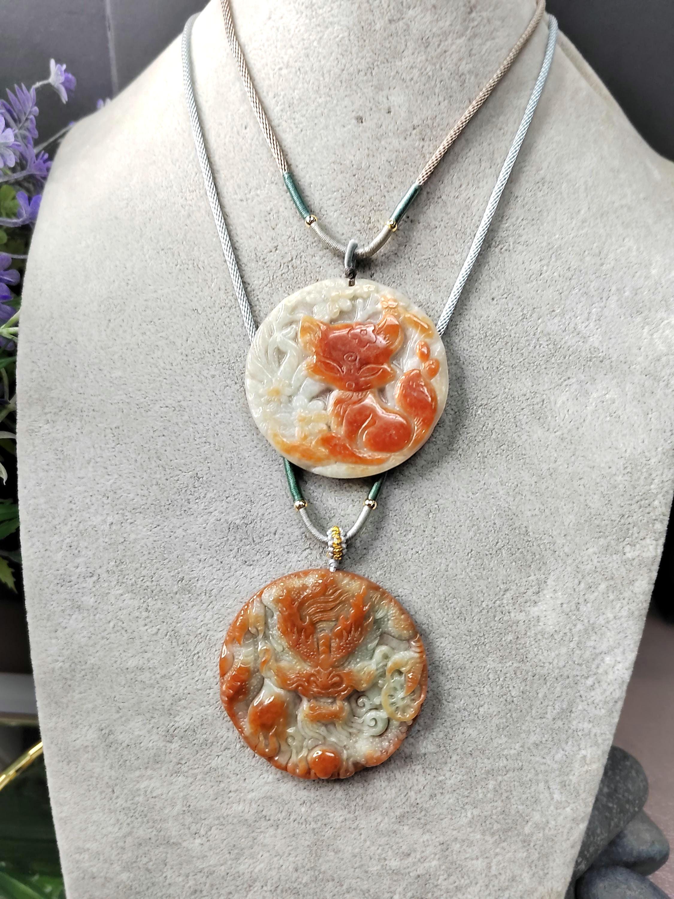 Certified A-Grade Burmese Rare Red Jadeite Carved Fox-Dragon-Landscape Round Pendant Necklace SL351
