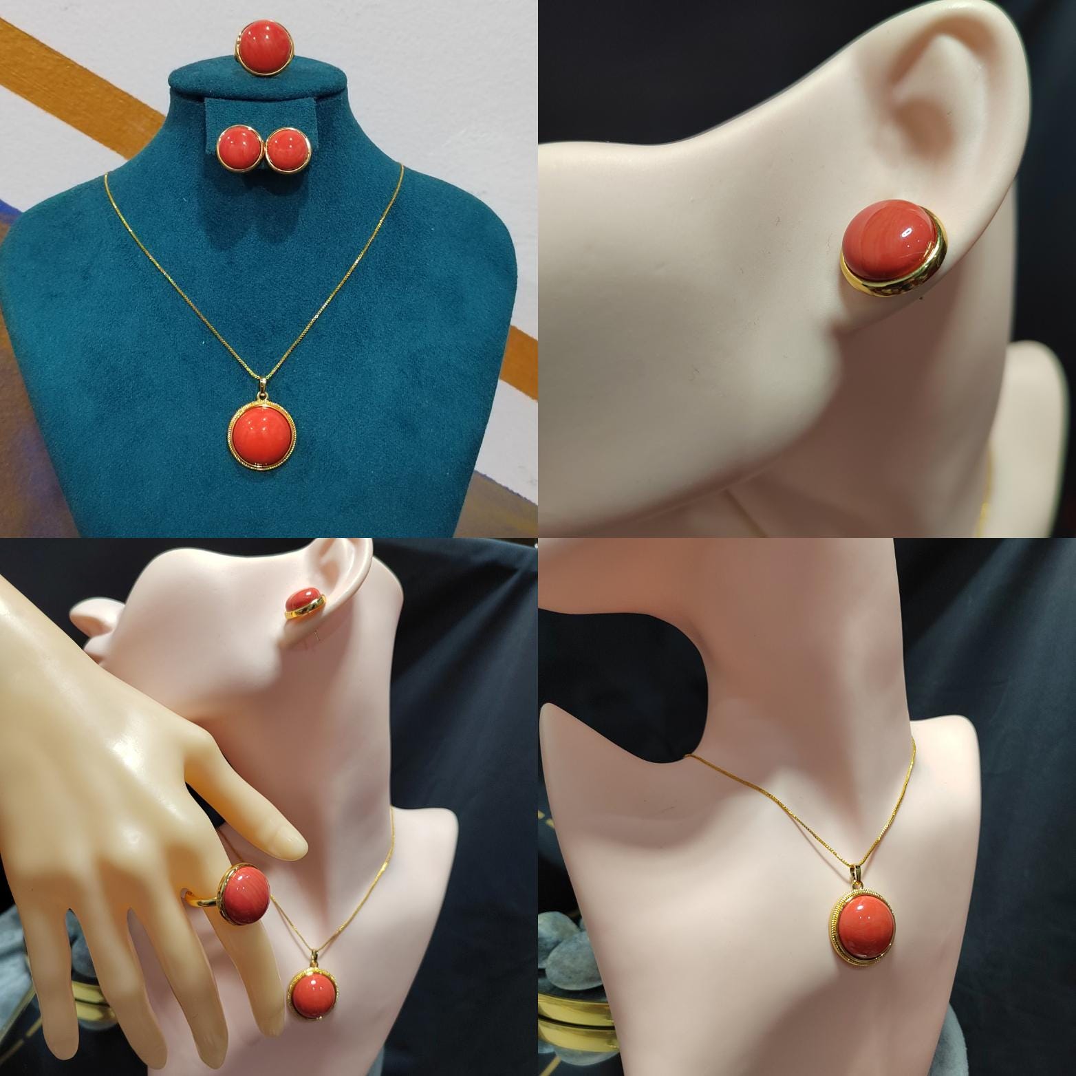Certified Cultivated Momo Beautiful 3pcs Set Round Elegant Design Natural Coral Earrings - Ring - Pendant/Chain SL357