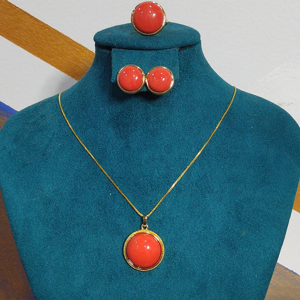 Certified Cultivated Momo Beautiful 3pcs Set Round Elegant Design Natural Coral Earrings - Ring - Pendant/Chain SL357