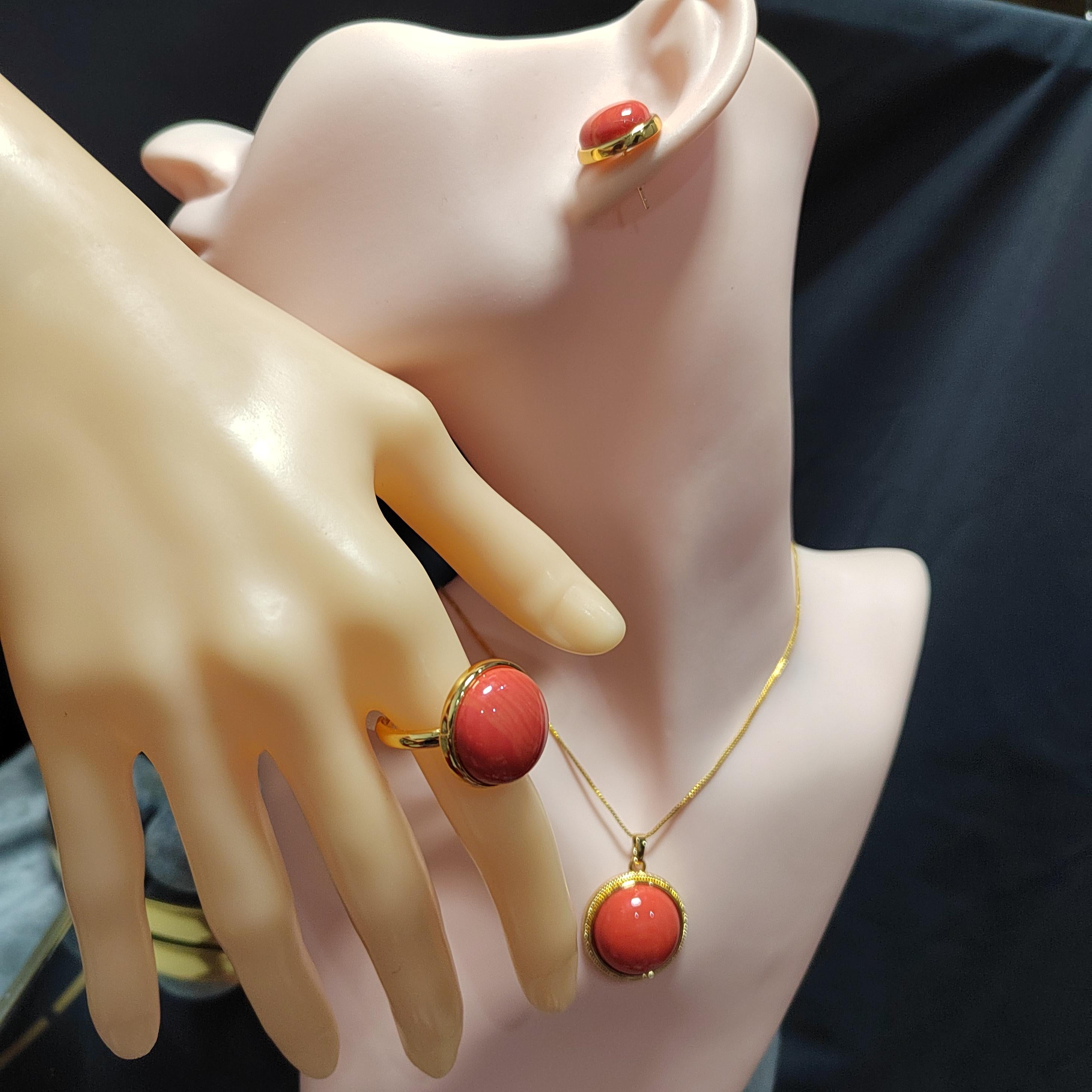 Certified Cultivated Momo Beautiful 3pcs Set Round Elegant Design Natural Coral Earrings - Ring - Pendant/Chain SL357