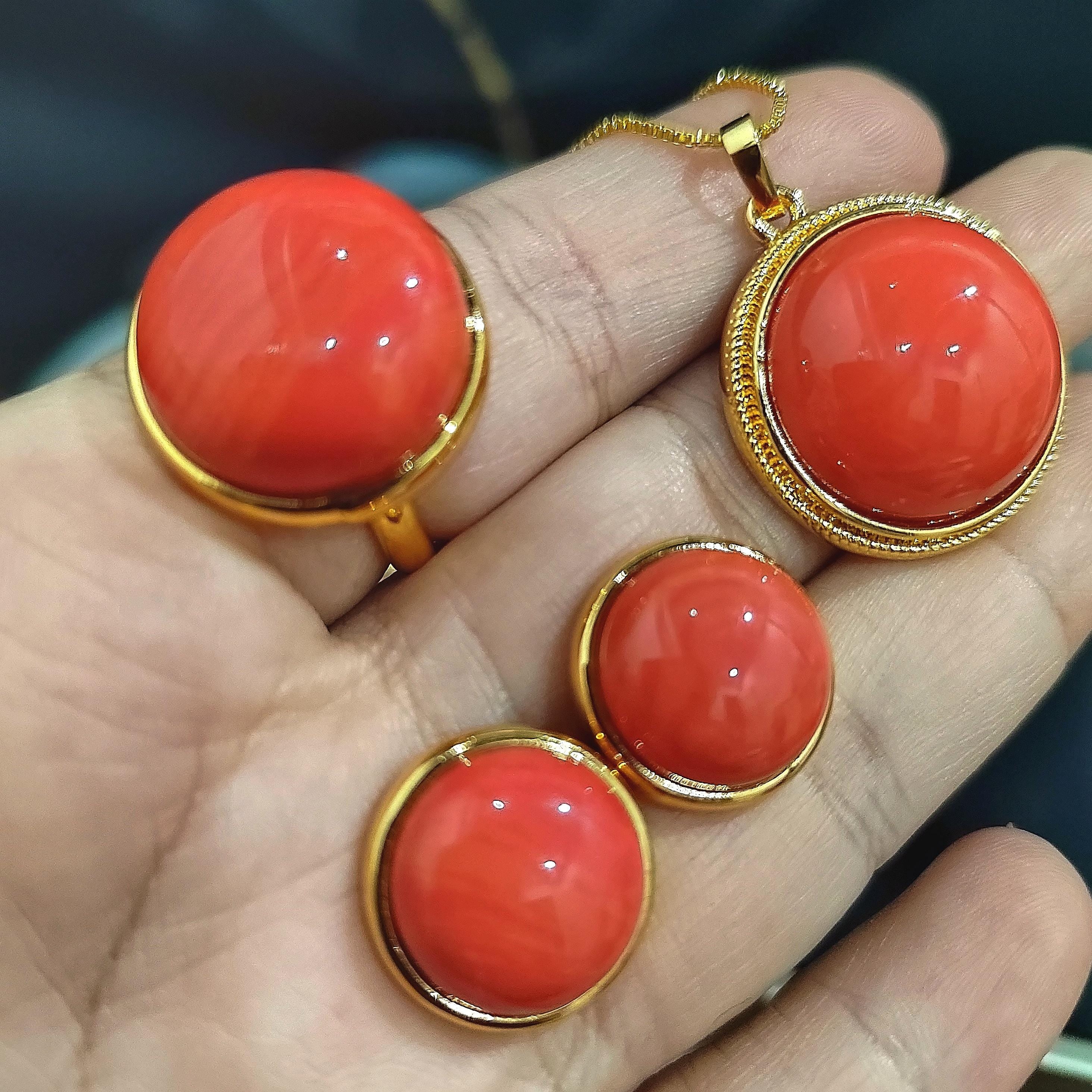 Certified Cultivated Momo Beautiful 3pcs Set Round Elegant Design Natural Coral Earrings - Ring - Pendant/Chain SL357