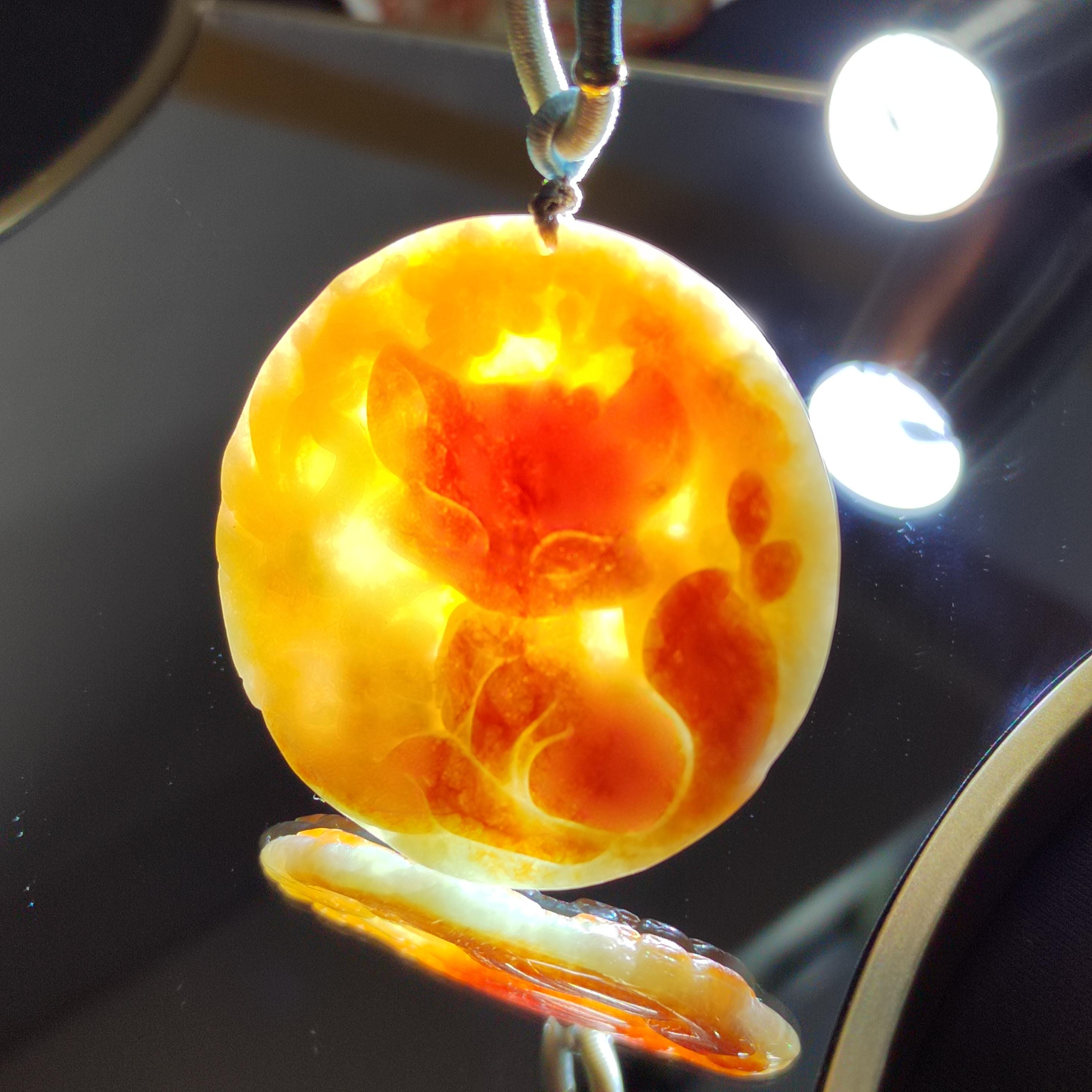 Certified A-Grade Burmese Rare Red Jadeite Carved Fox-Dragon-Landscape Round Pendant Necklace SL351