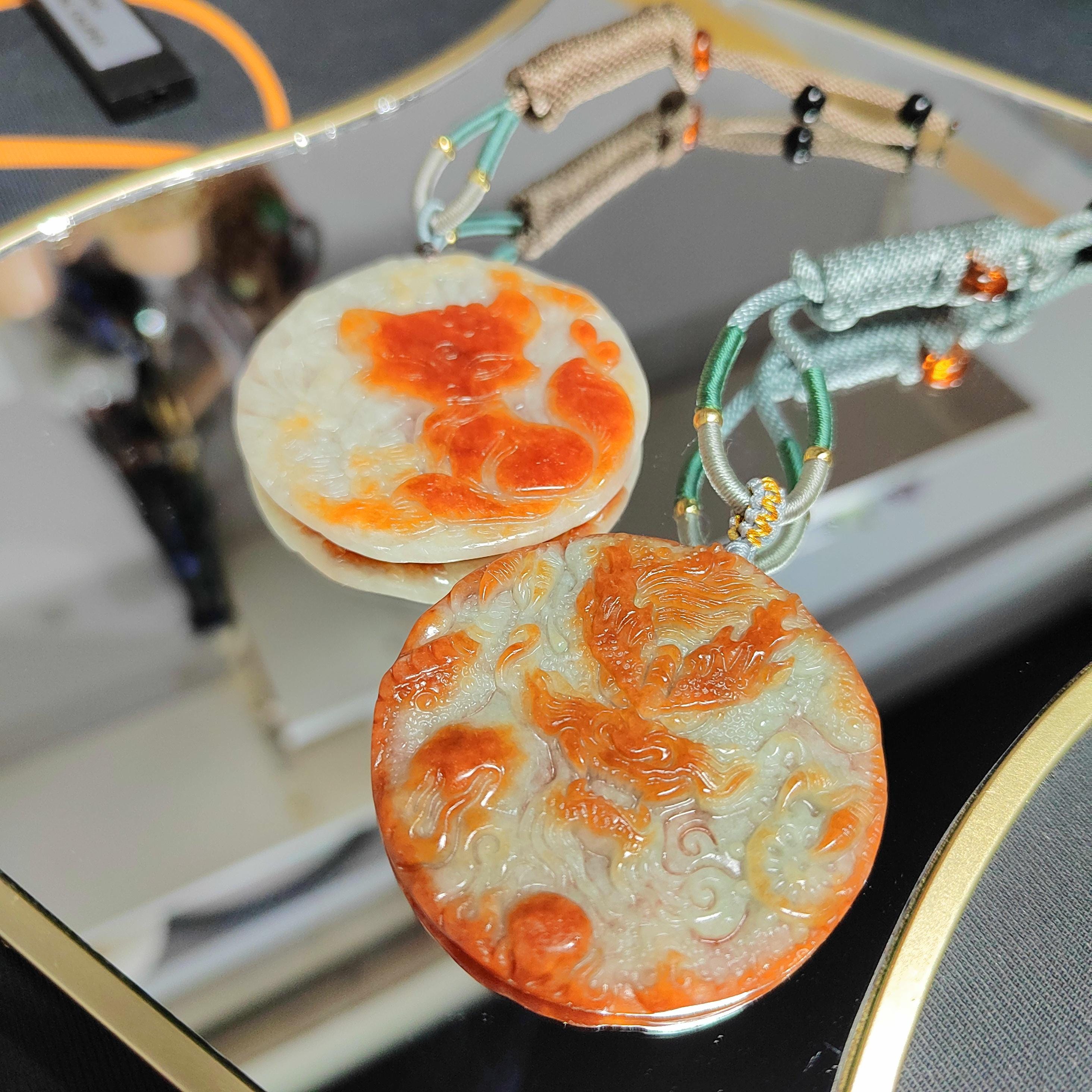 Certified A-Grade Burmese Rare Red Jadeite Carved Fox-Dragon-Landscape Round Pendant Necklace SL351